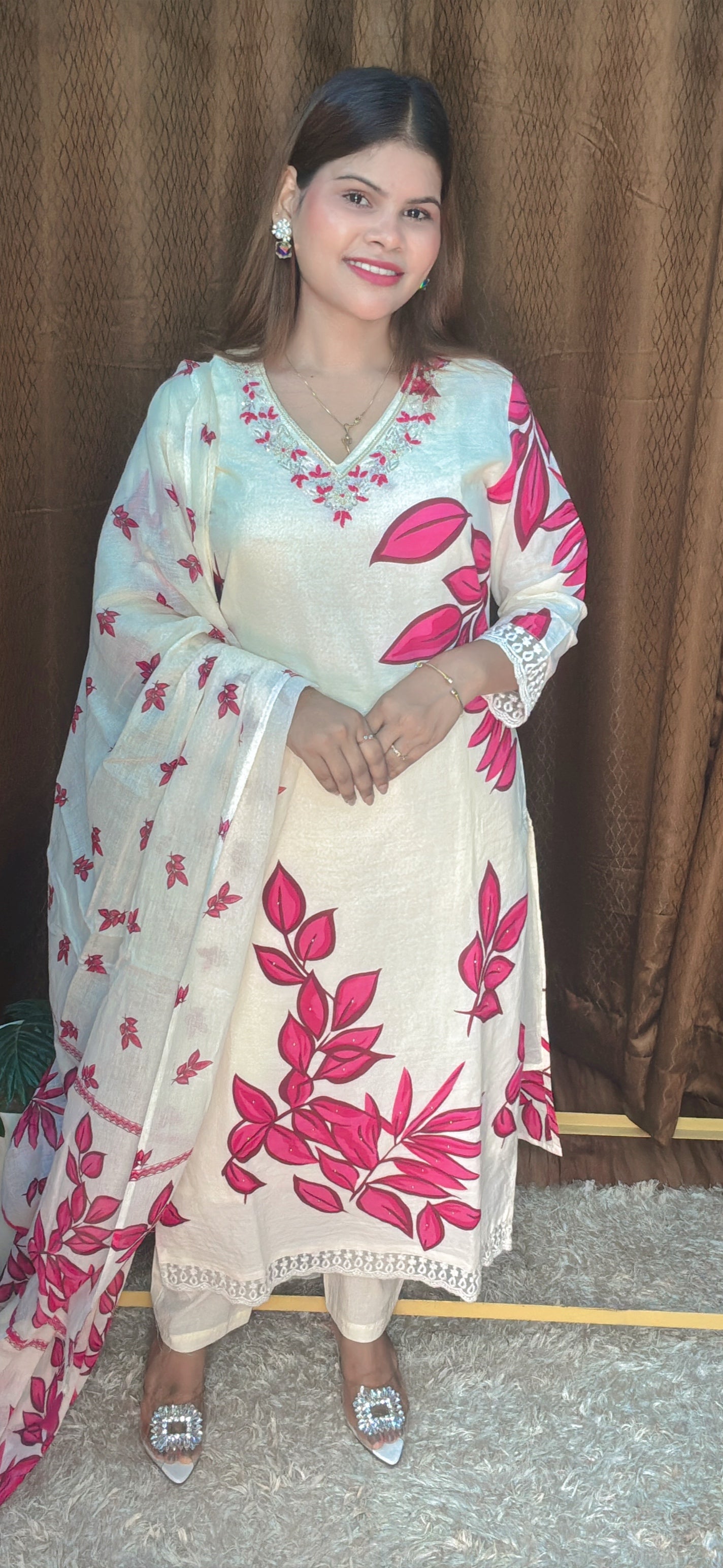 V Neck Embroidery With Digital Printed Leaf Pure Cotton Suit Set