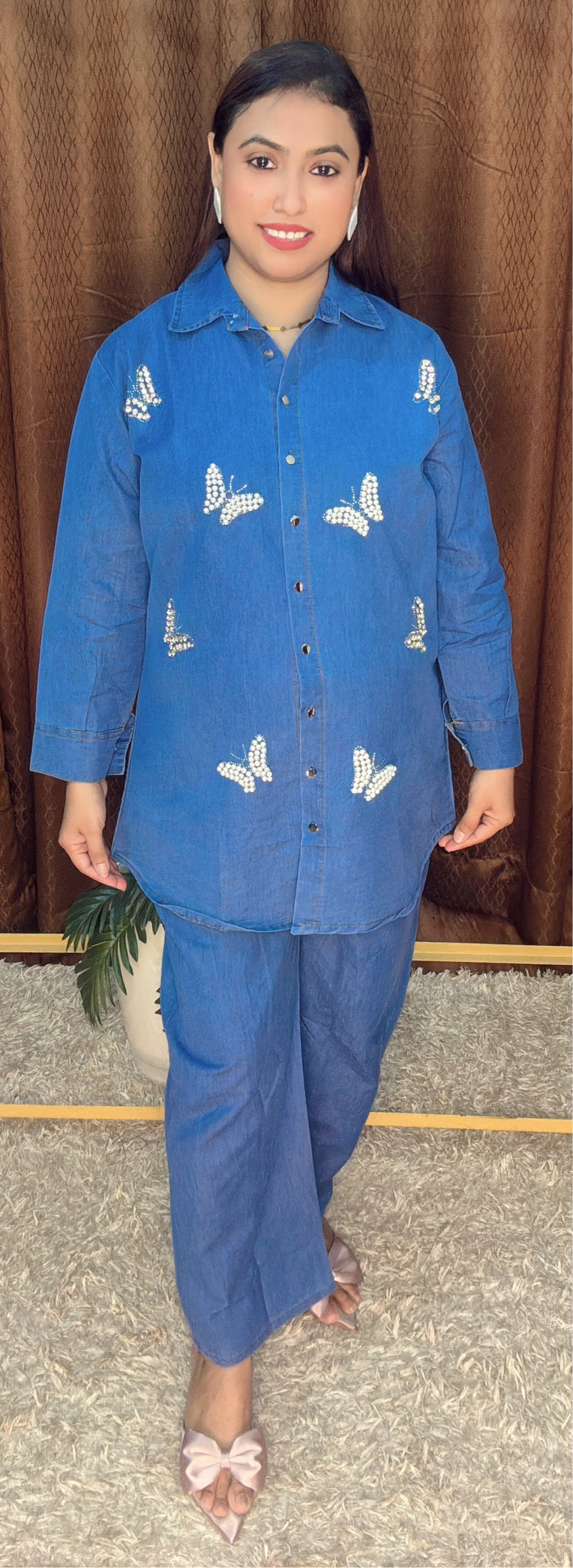 Pearl Butterfly Embellished Denim Co-ord Set