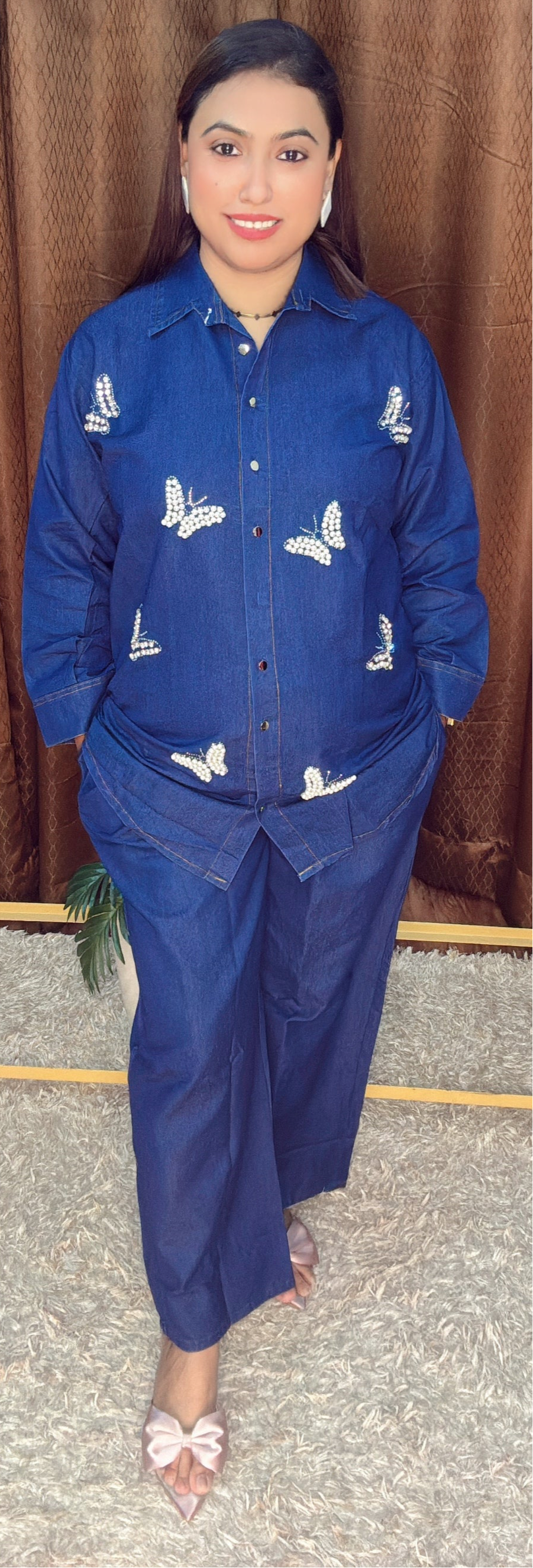 Pearl Butterfly Embellished Denim Co-ord Set