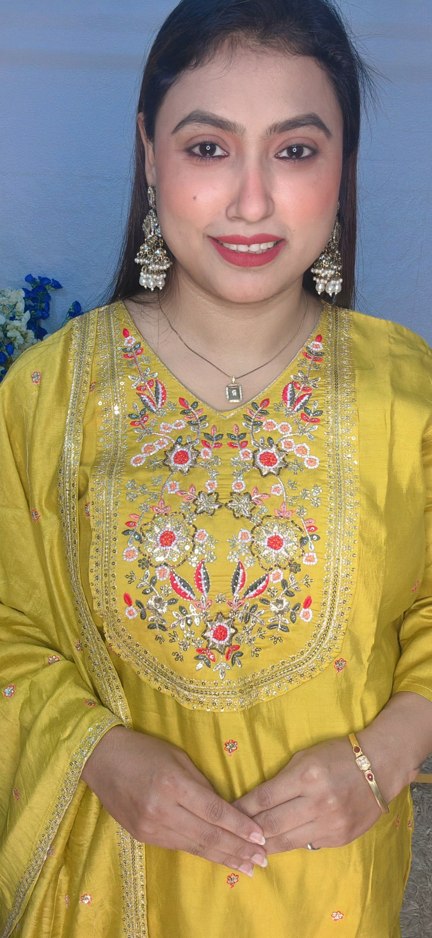 Lemon yellow Perl work Suit