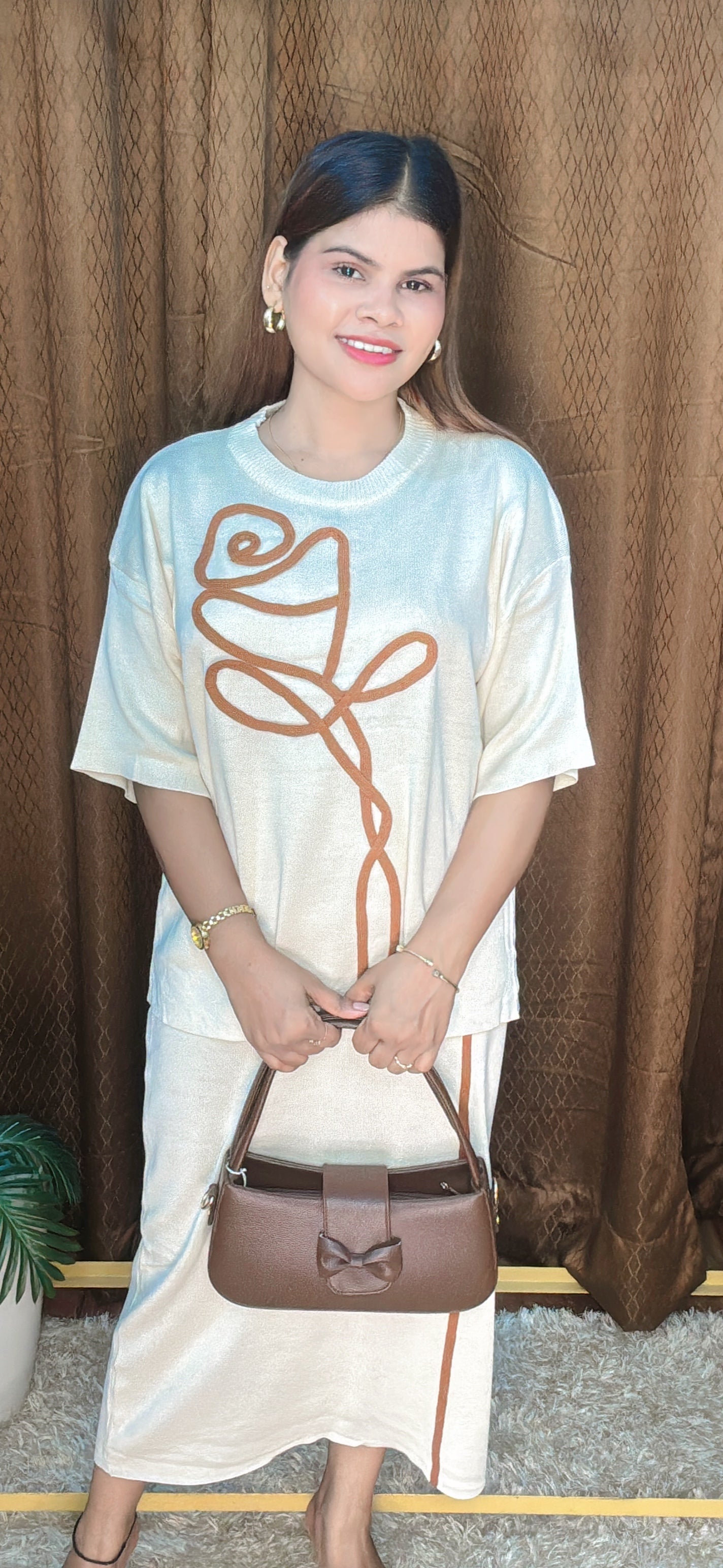 Rose Thick Tread Work knitted Long Skirt Cord Set