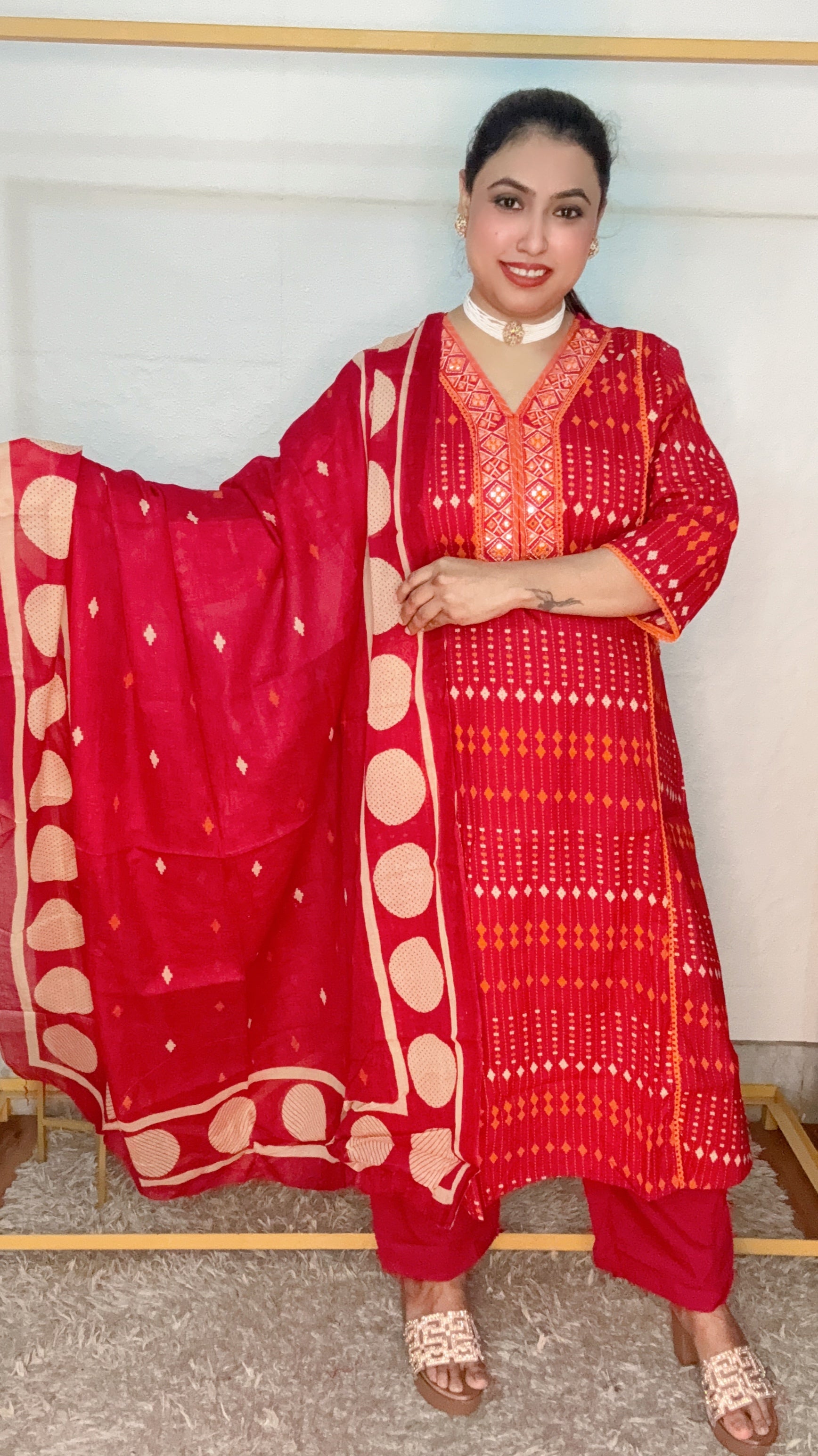 Rust orange pure cotton Kantha printed suit set