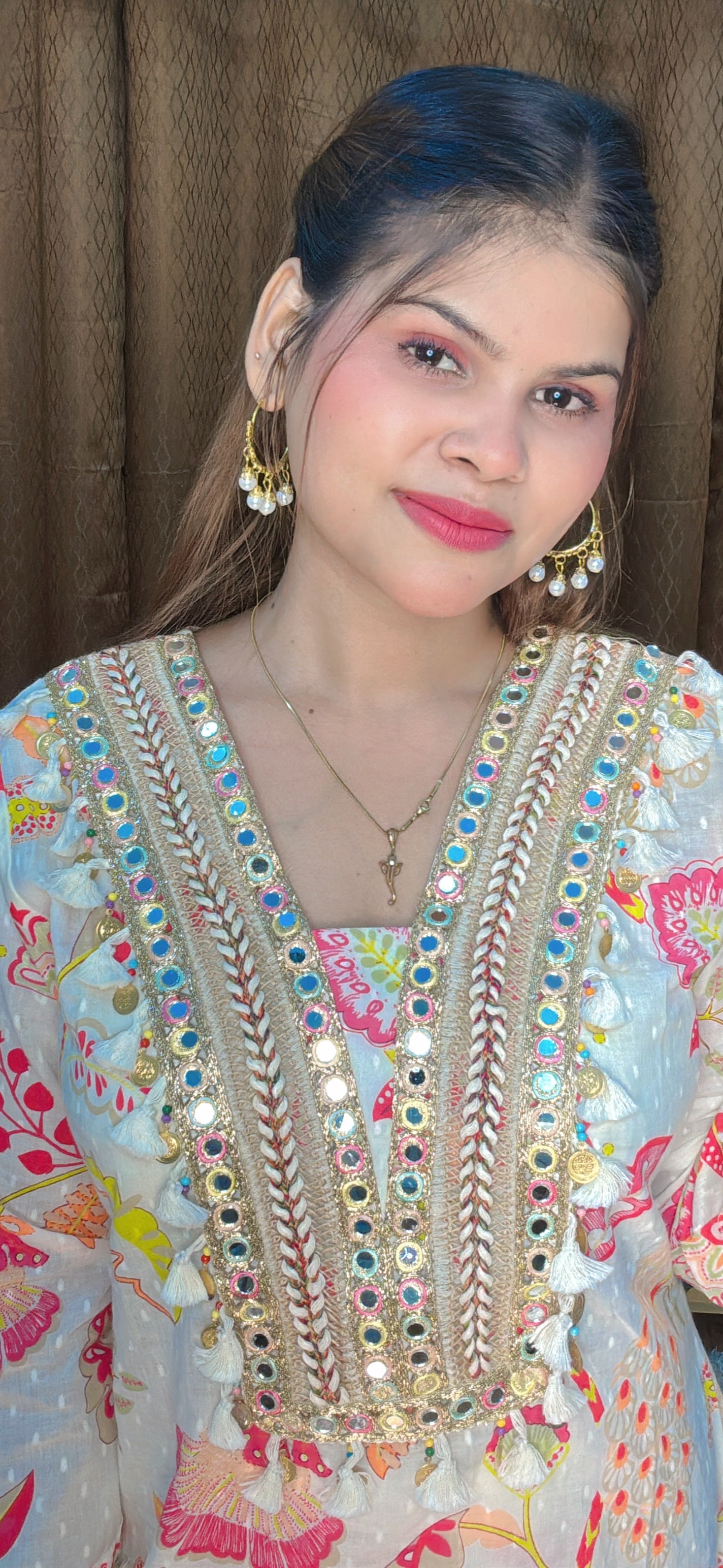 Festive Floral Printed Kurta Set with Sparkling Accents
