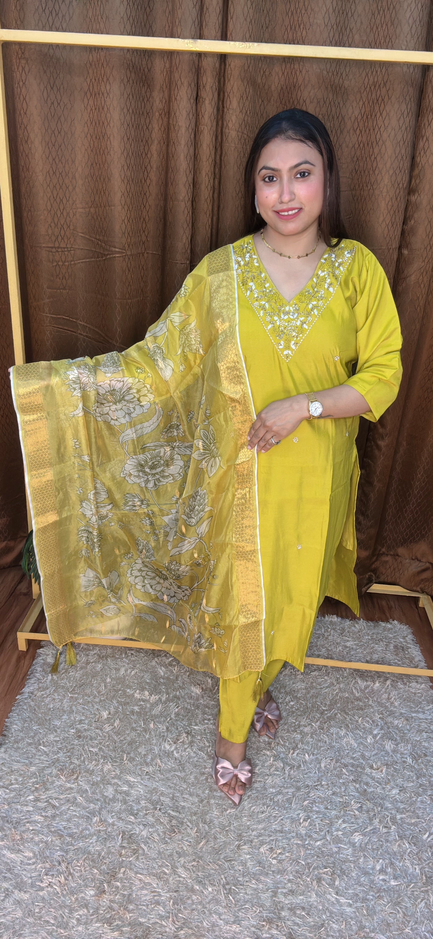 Beautiful Yellow Mustard Silk Suit Set With Digital Printed Orgenza Duptta
