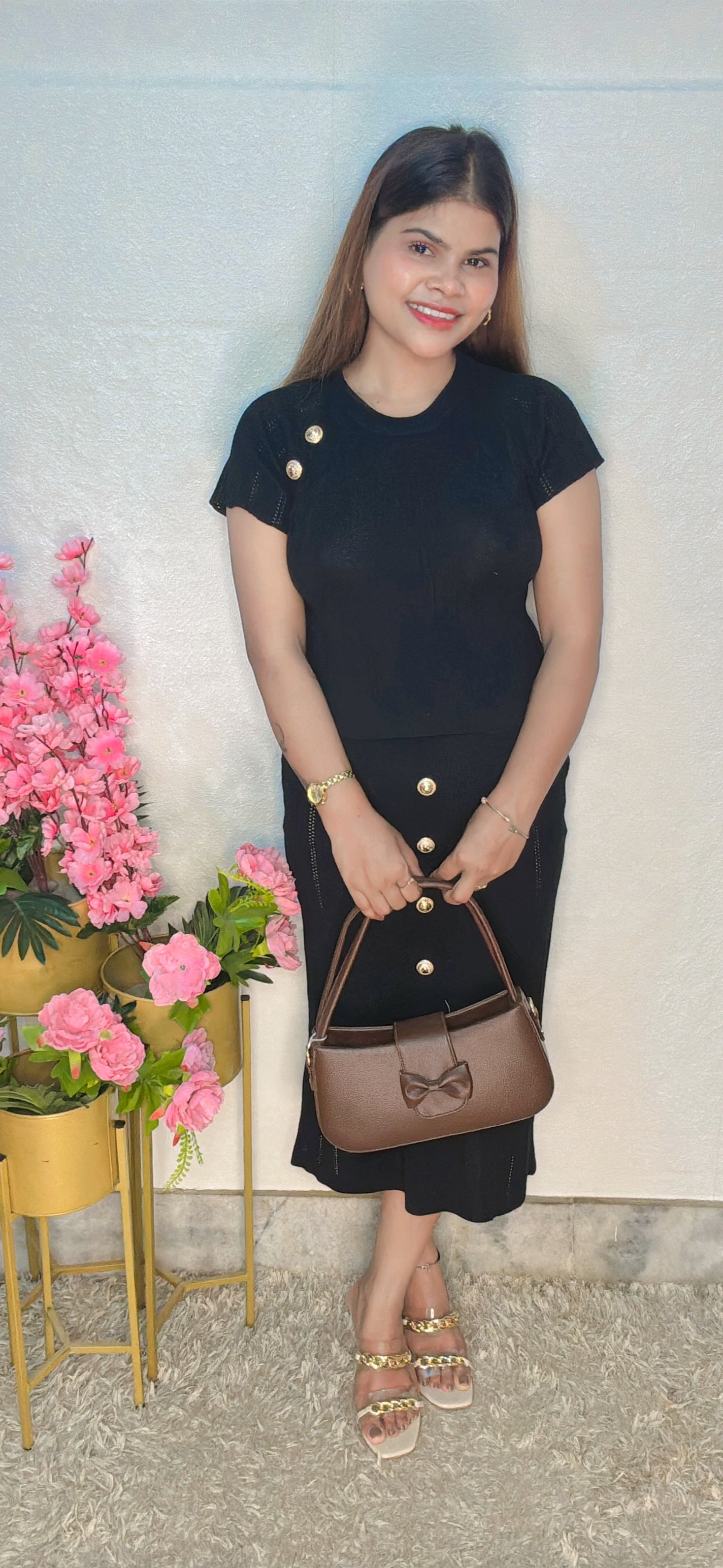 Bodycon Midi Dress with Gold Button Detailing