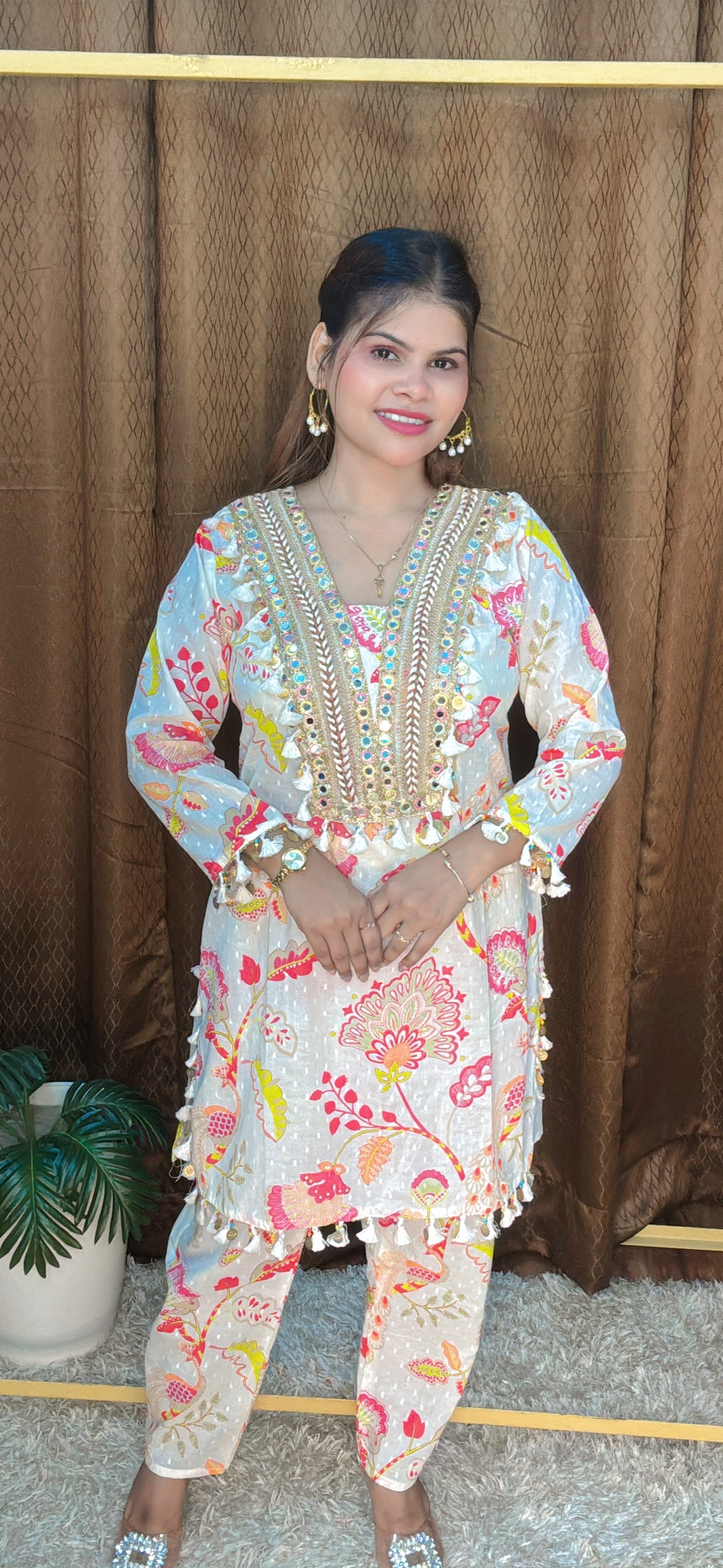 Festive Floral Printed Kurta Set with Sparkling Accents