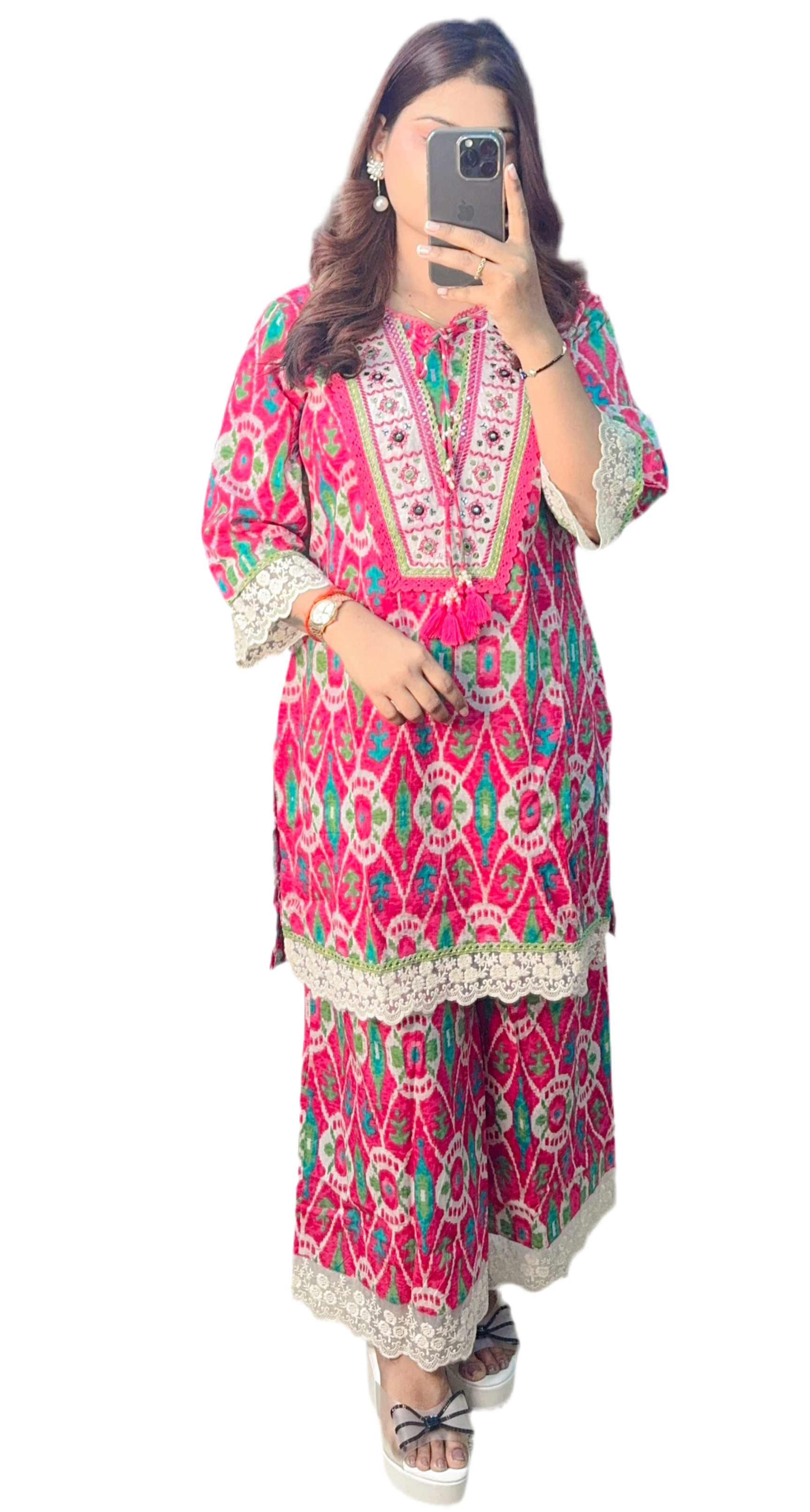 Vibrant Ikat Charm Cotton Co-Ord Set with Lace Detailing