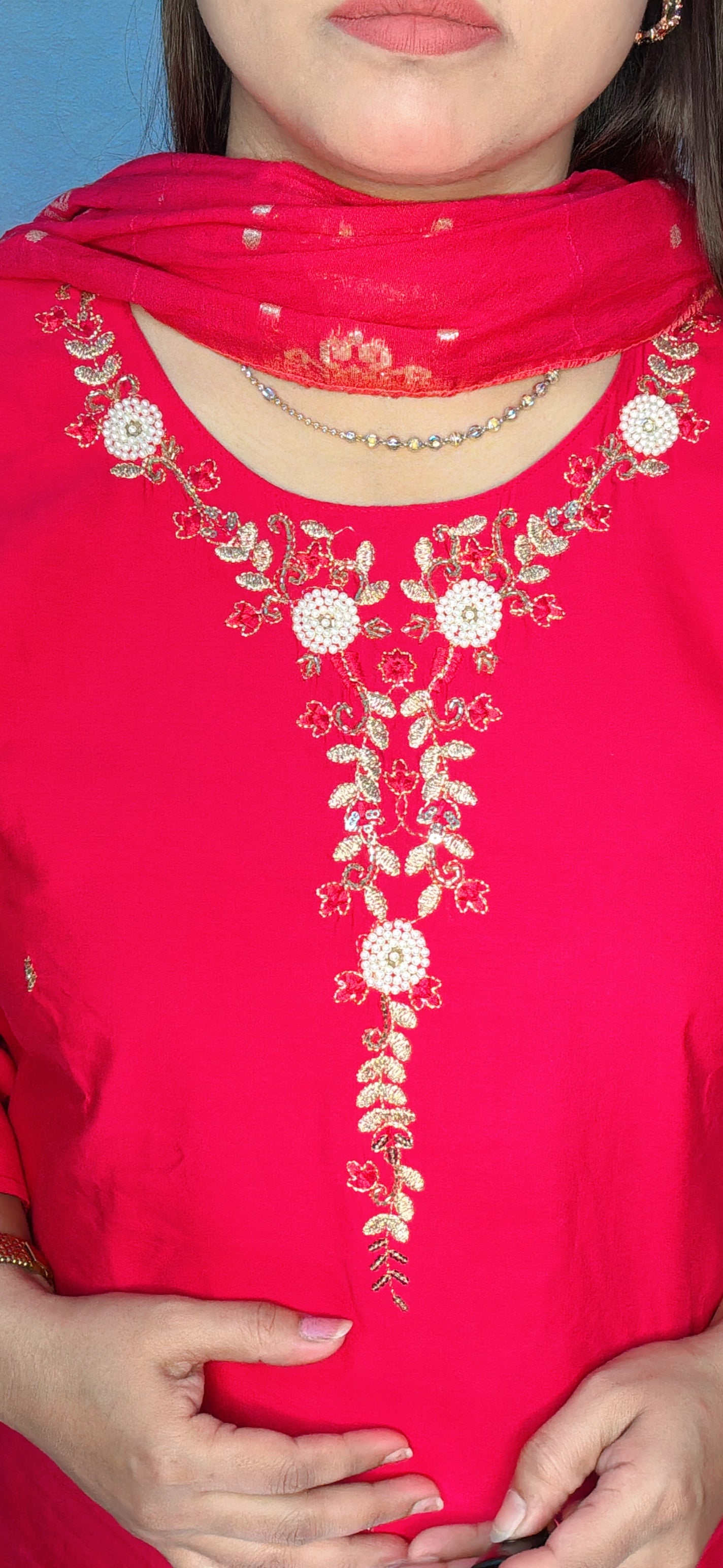 Embroidered Crimson Kurta Set with Banarasi Dupatta