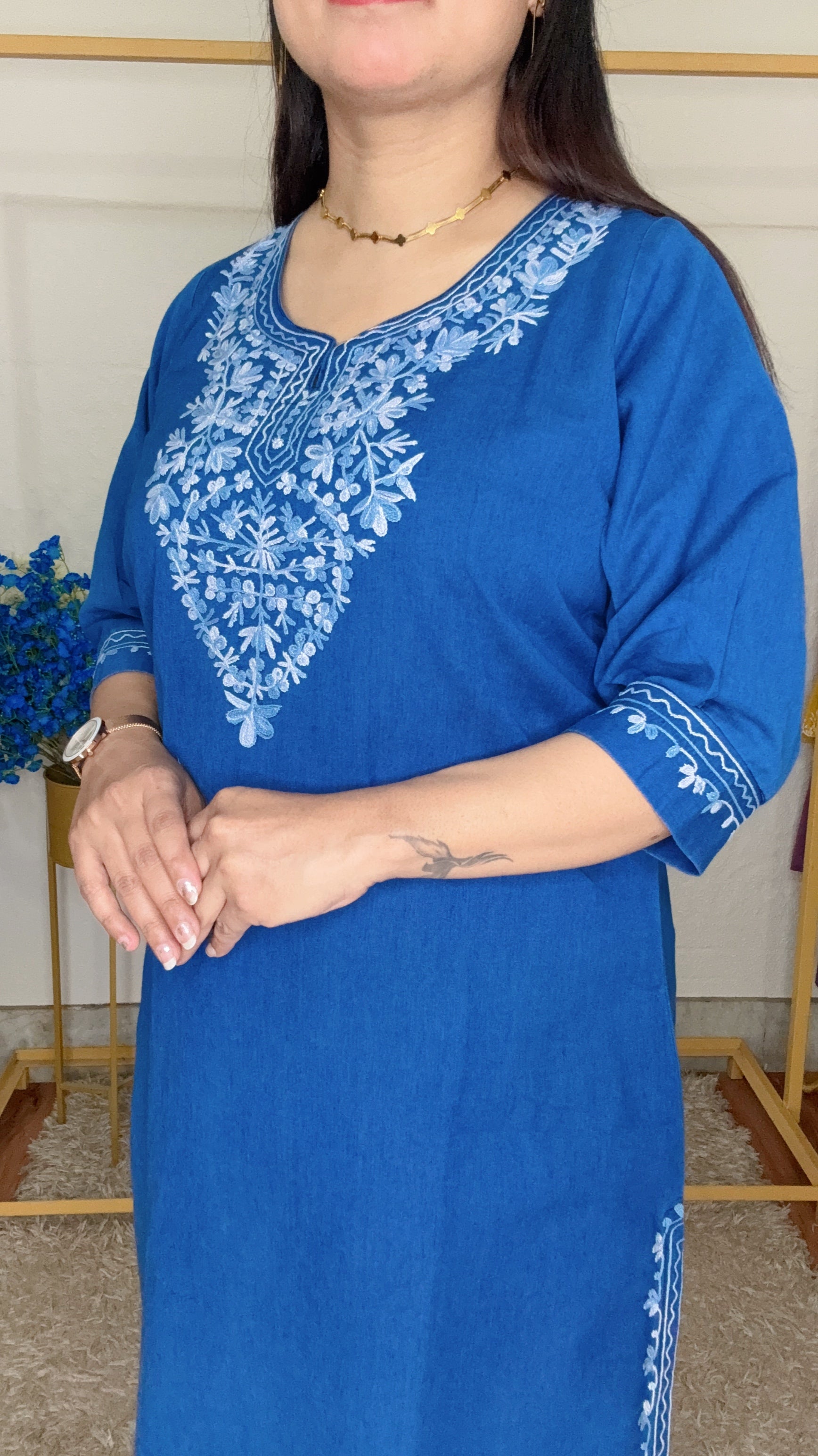 Long Denim Kurti Cord Set Withi White Thread Work