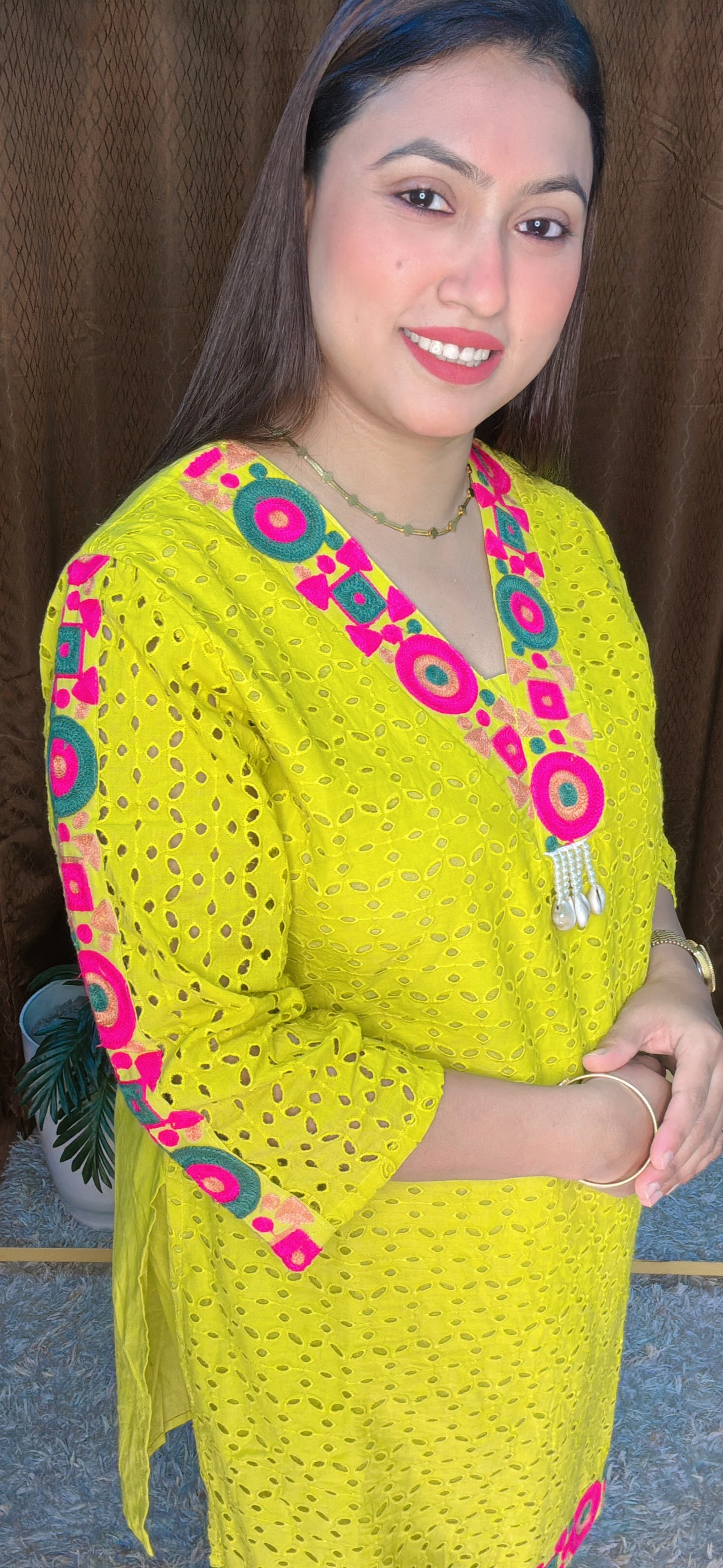 Embroidered Neon Yellow Cotton Kurta Pant Set