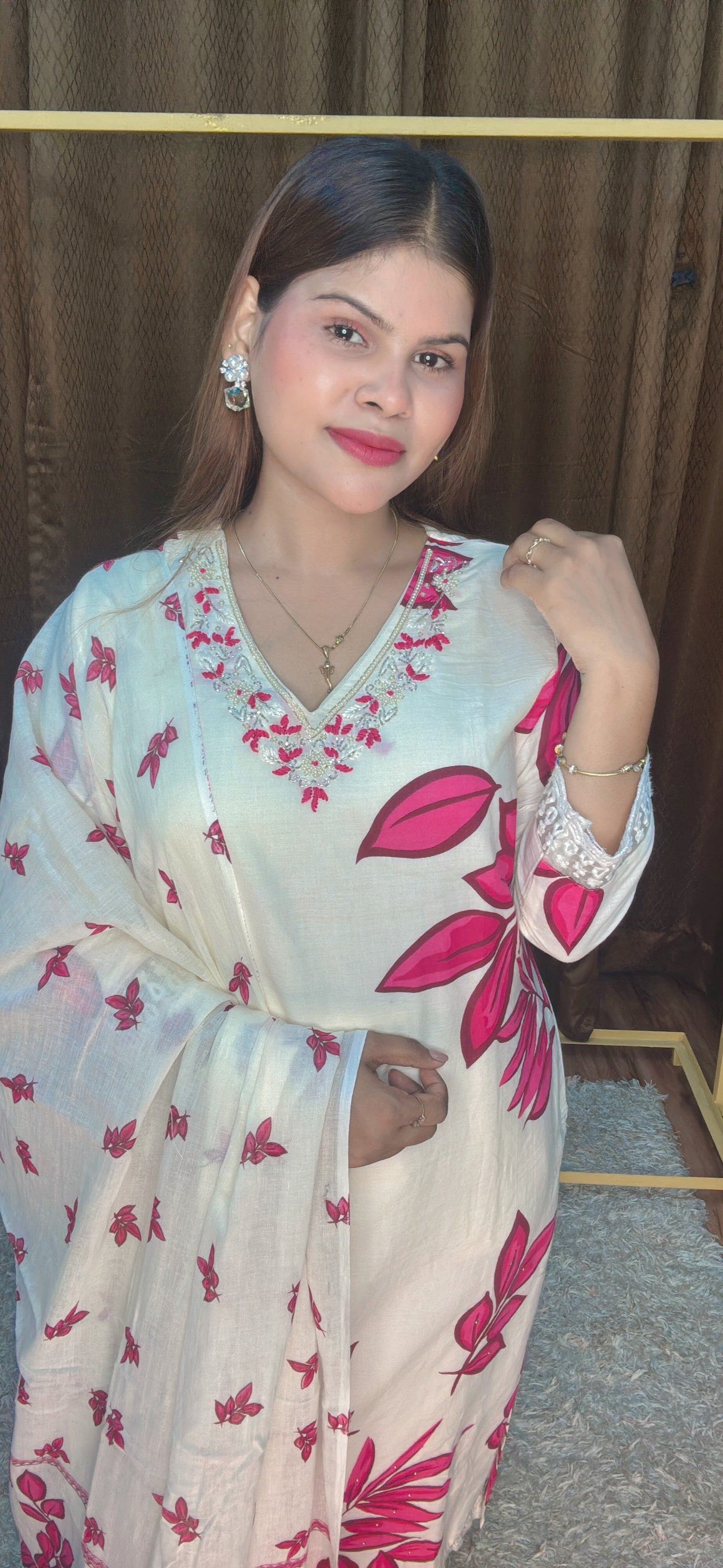 V Neck Embroidery With Digital Printed Leaf Pure Cotton Suit Set