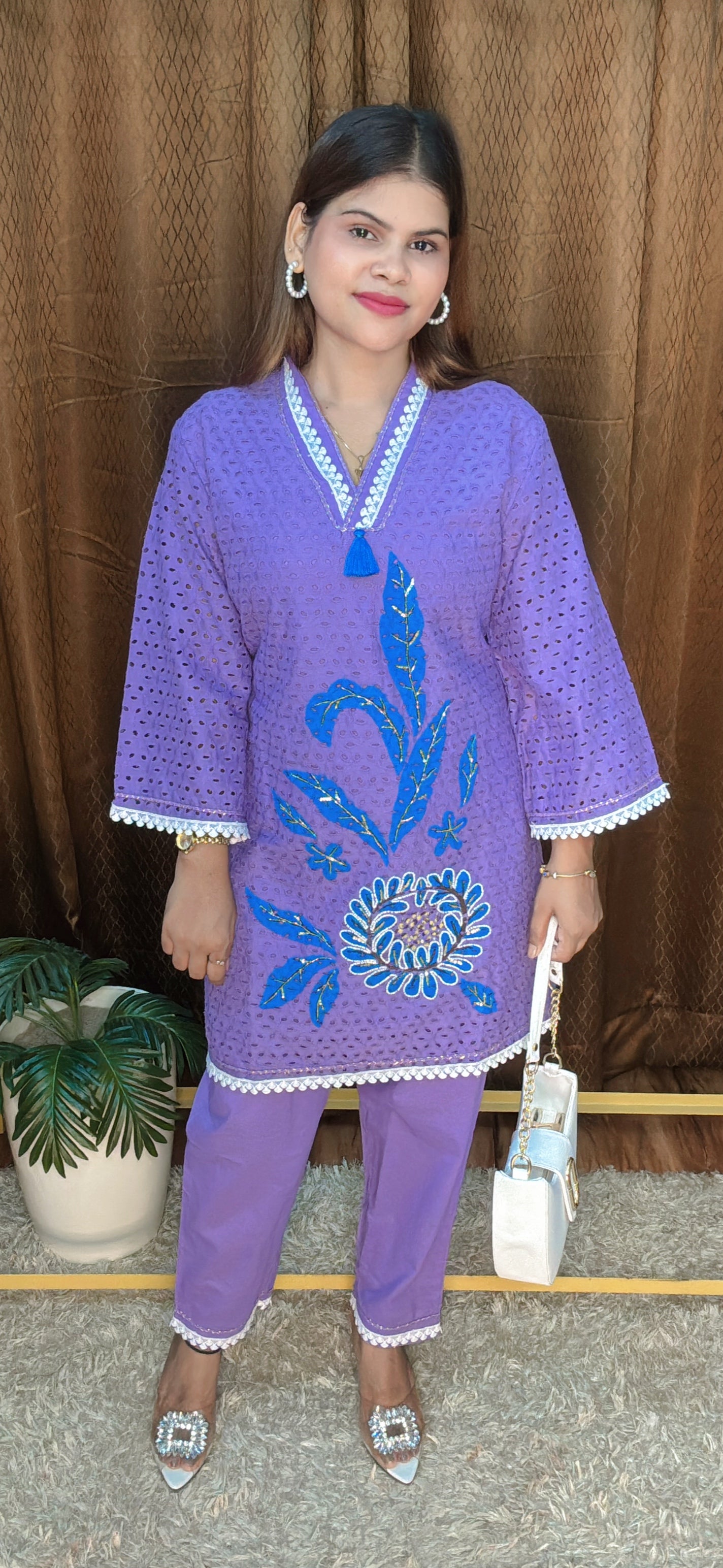 V Neck With Embroidery Cord set With White Lace Detailings