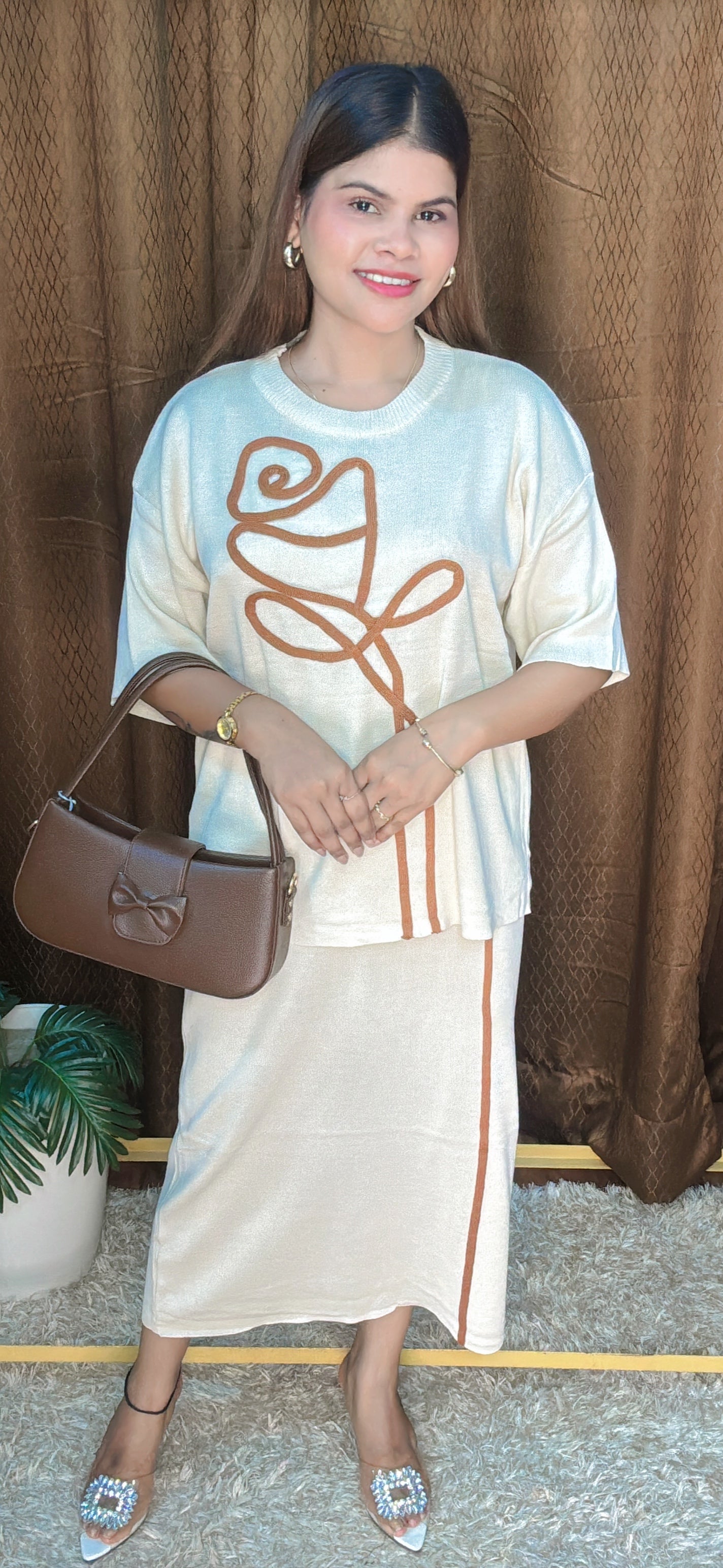 Rose Thick Tread Work knitted Long Skirt Cord Set