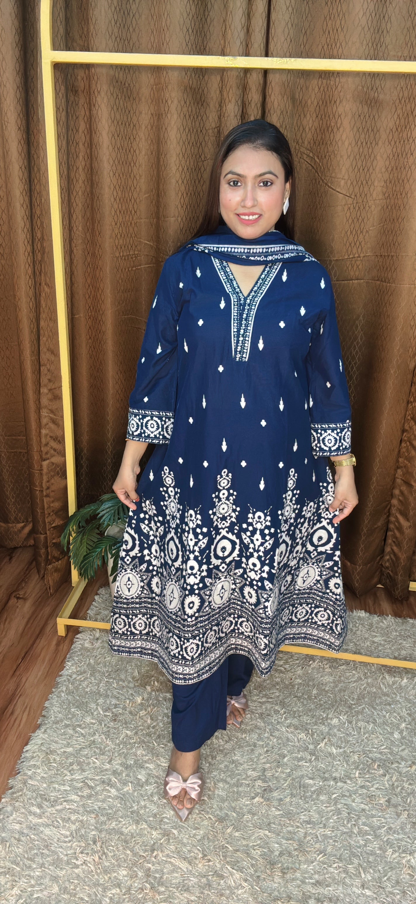 Ethnic Bloom V Neck Pure Cotton Suit Set With Digital Print