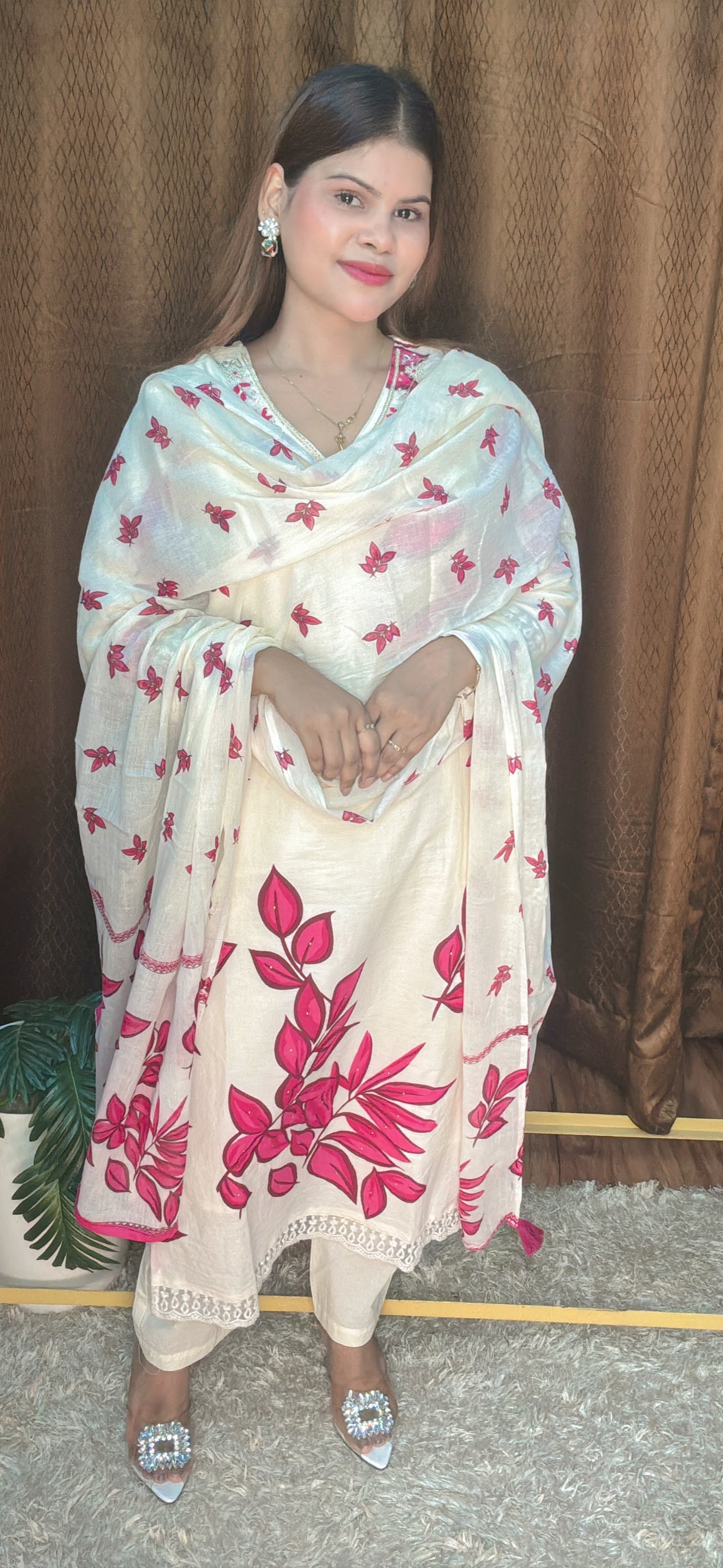 V Neck Embroidery With Digital Printed Leaf Pure Cotton Suit Set