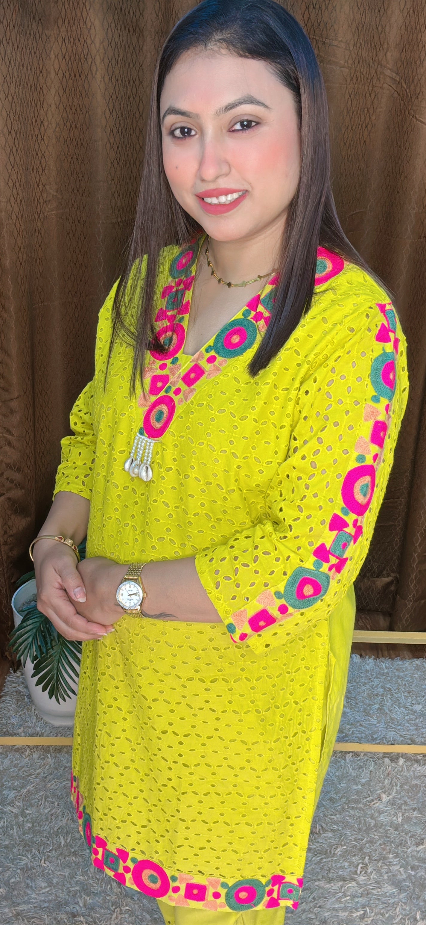 Embroidered Neon Yellow Cotton Kurta Pant Set