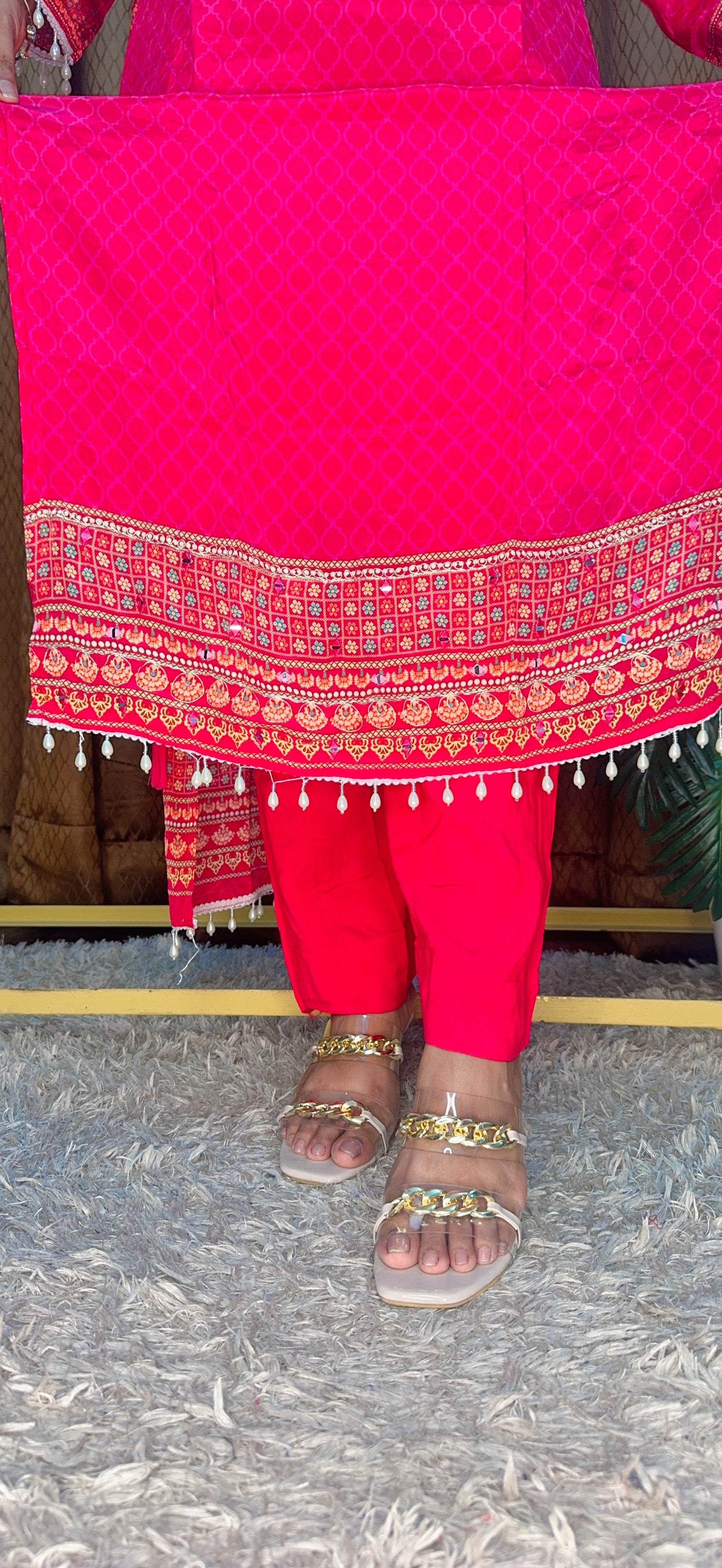 Rani Pink Mirror Embroidered Straight Suit Set