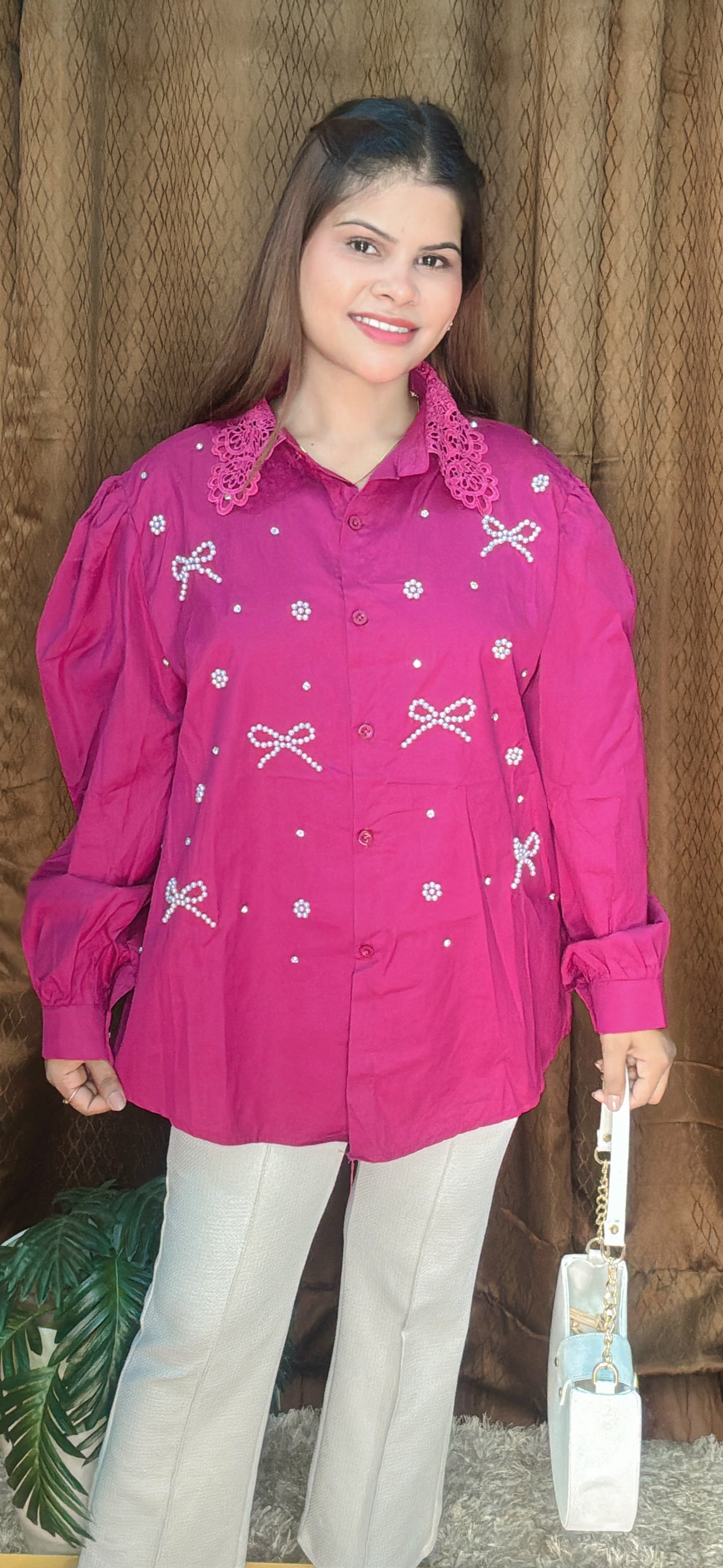 Bow Pearl And Stud Work Shirt With Crosia Lace Corler