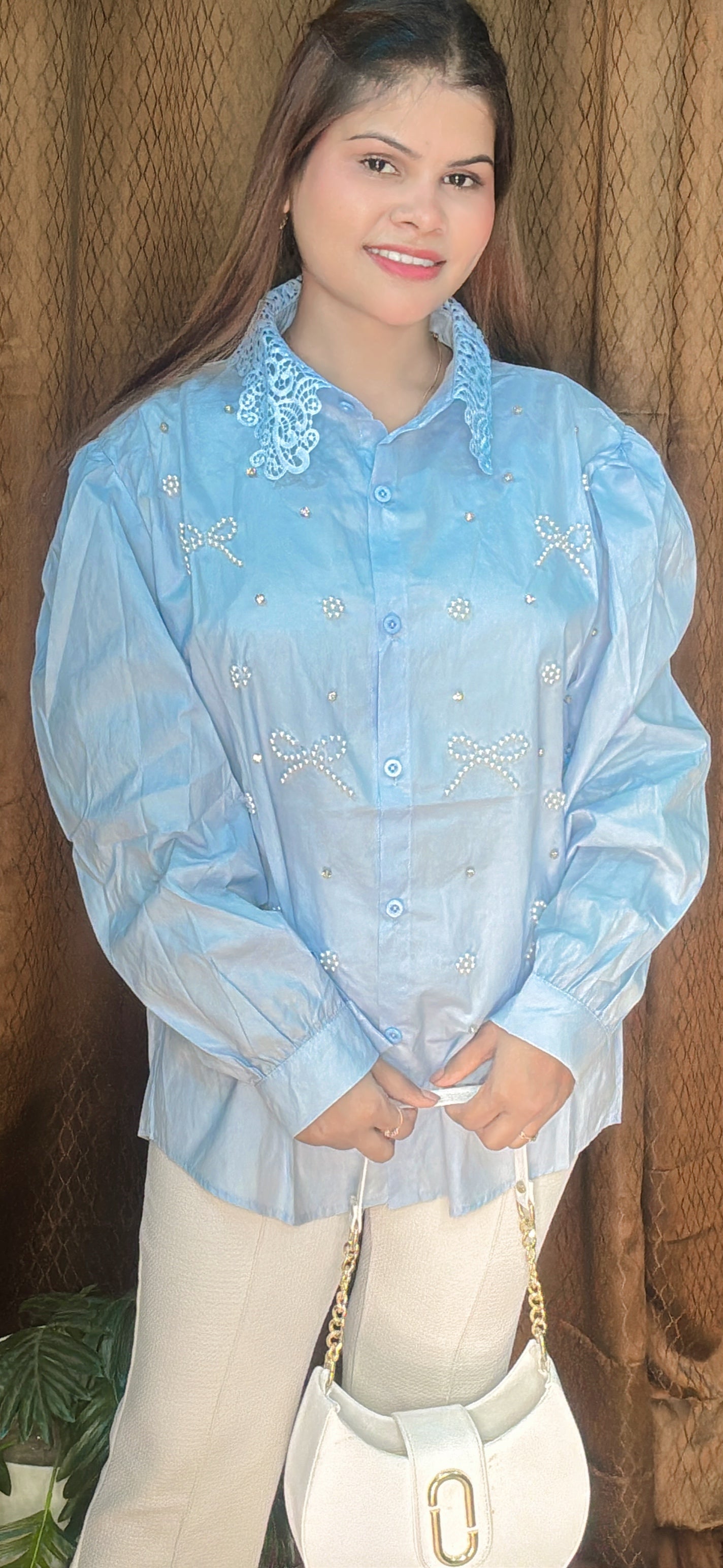 Bow Pearl And Stud Work Shirt With Crosia Lace Corler