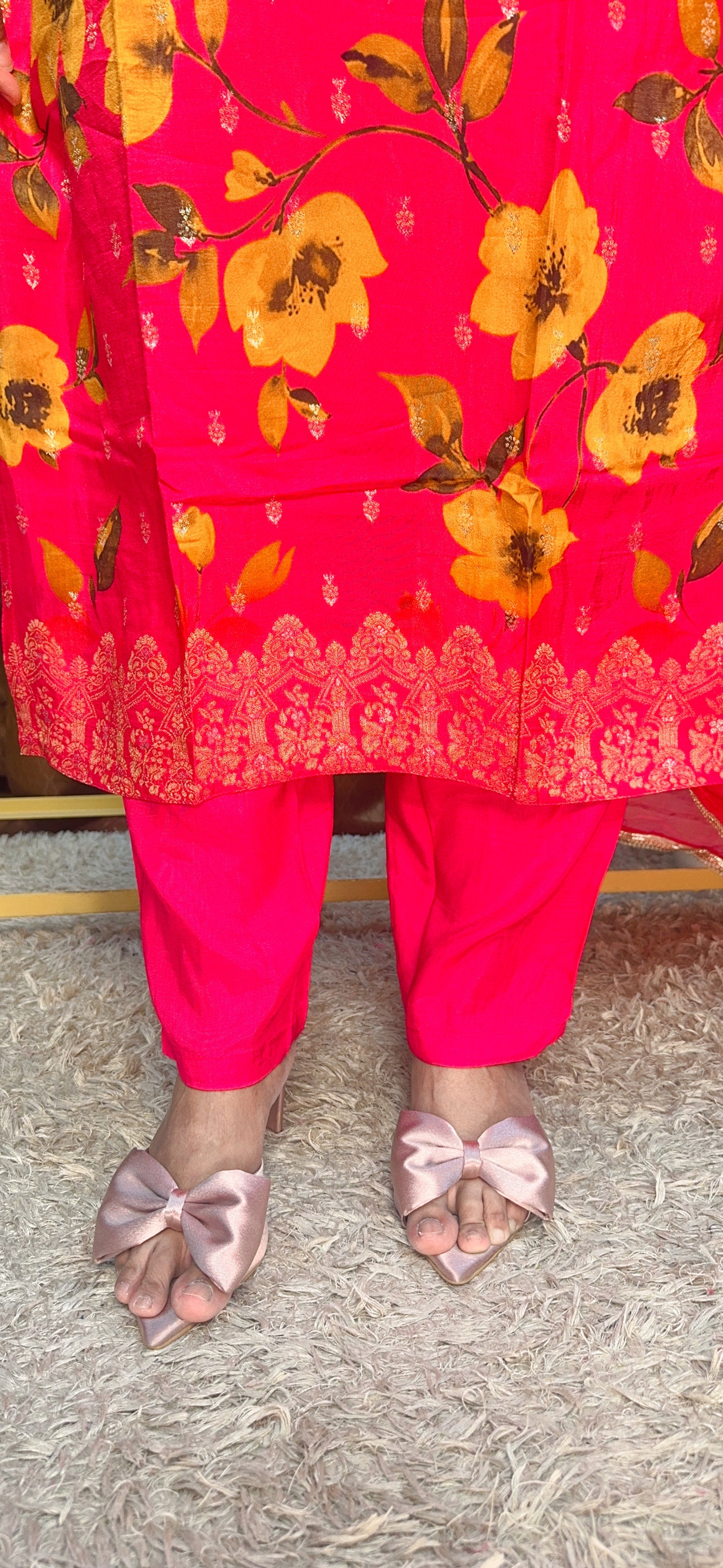 Floral Radiance Pink Cotton Suit Set with Embroidered Neckline & Striped Dupatta