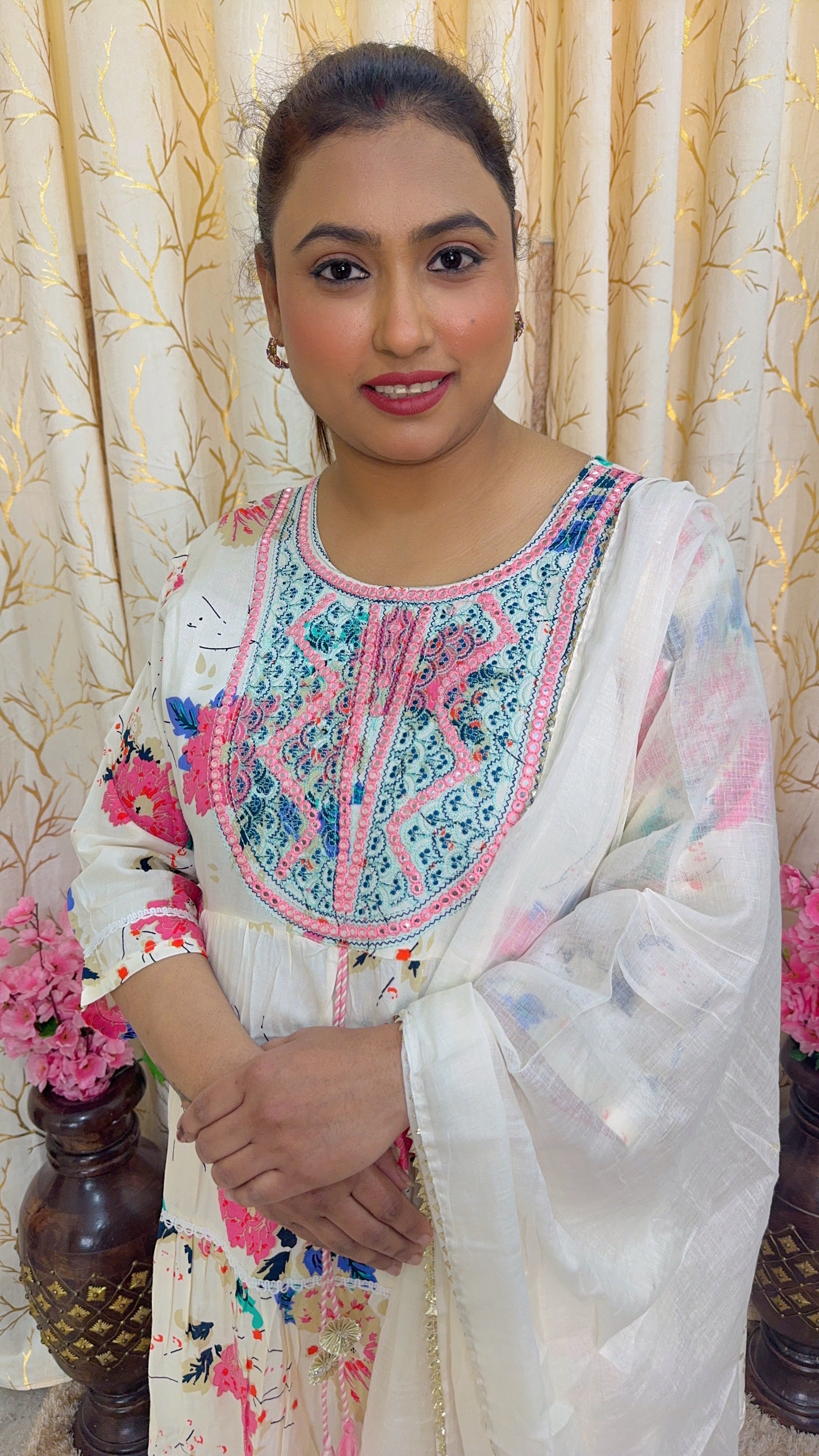 Floral Printed Pure Cotton Anarkali Suit Set With Dupatta