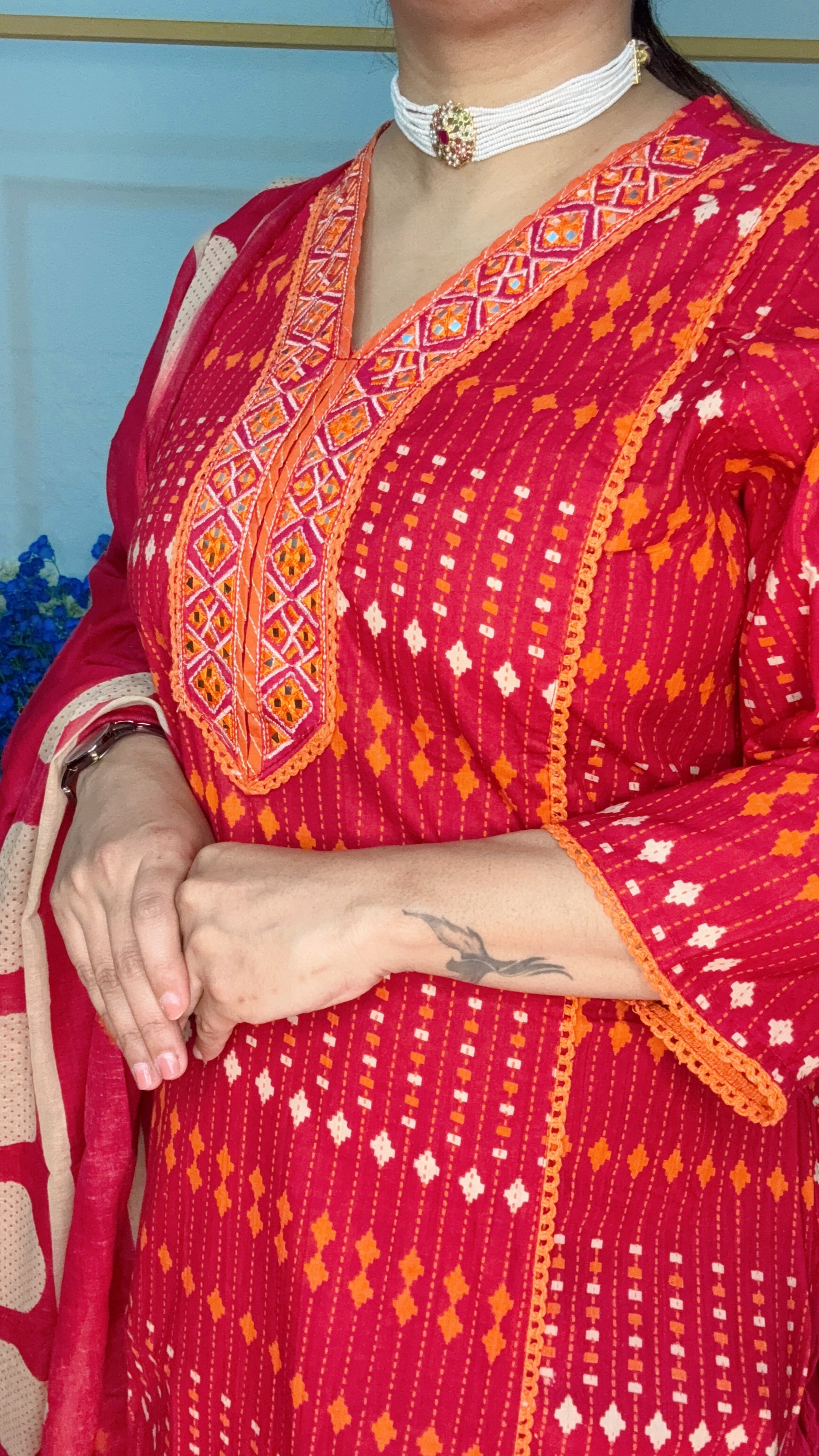 Rust orange pure cotton Kantha printed suit set