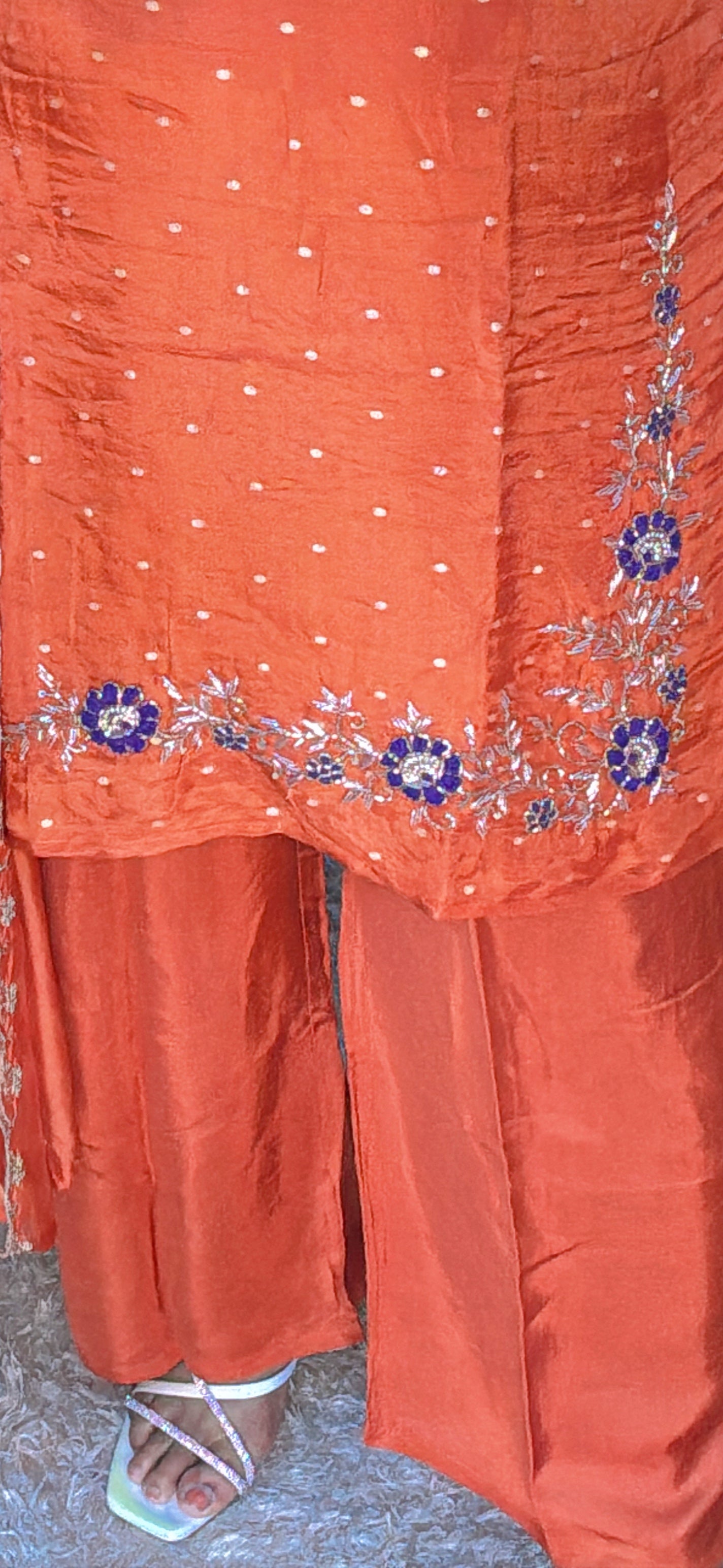 Rust Orange Embroidered Silk Suit Set