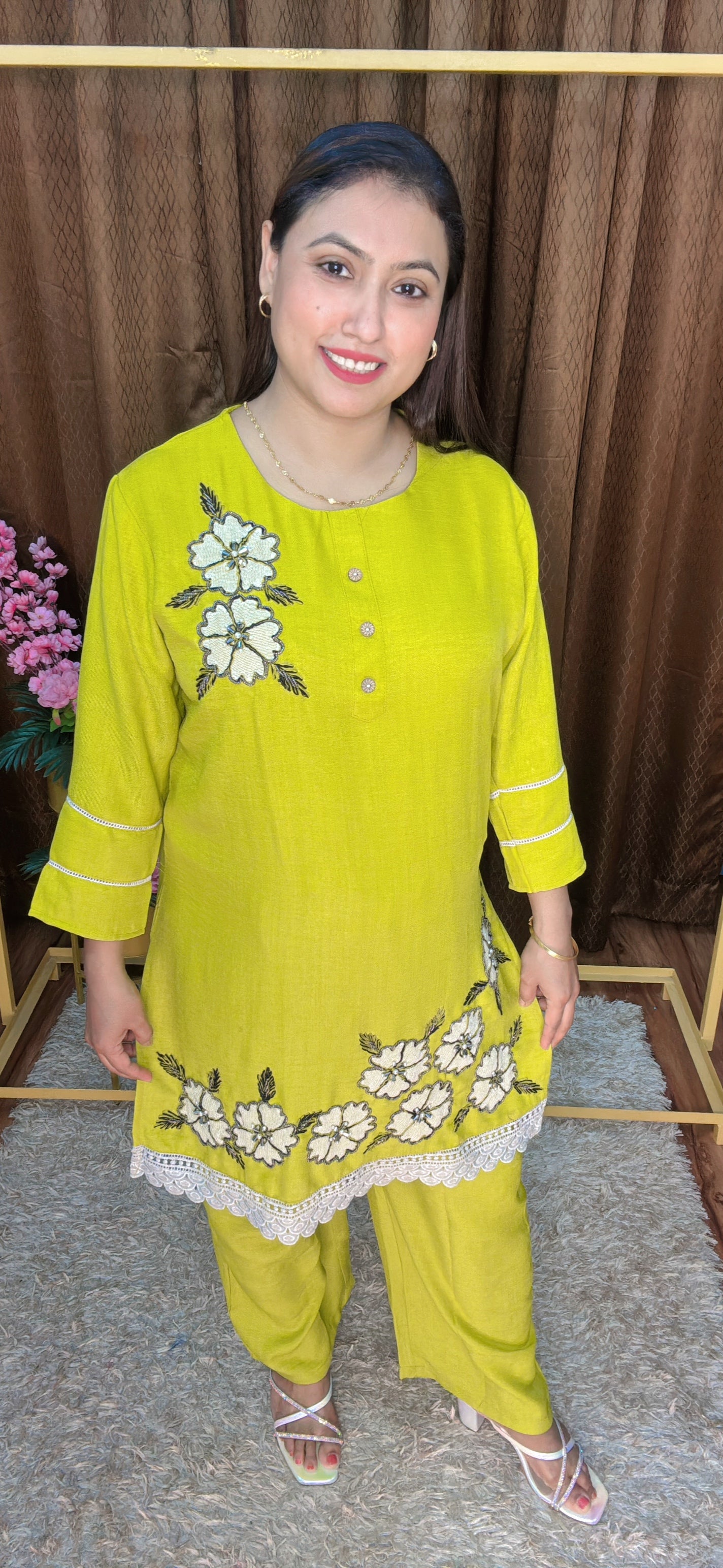 Two Flower Embroidery Khadi Cotton Cord Set