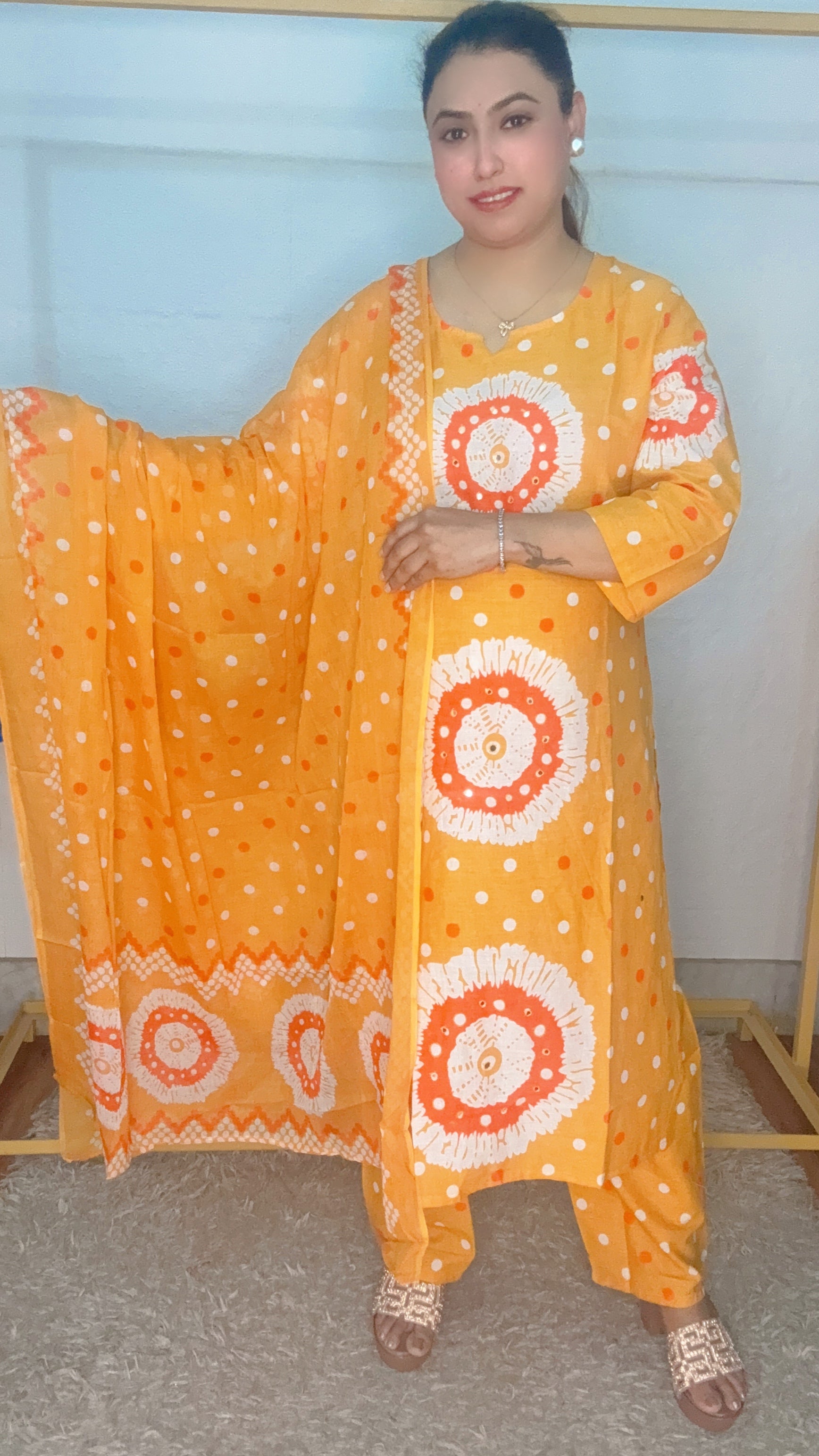 Small polka dots with rangoli printed pure cotton suit set