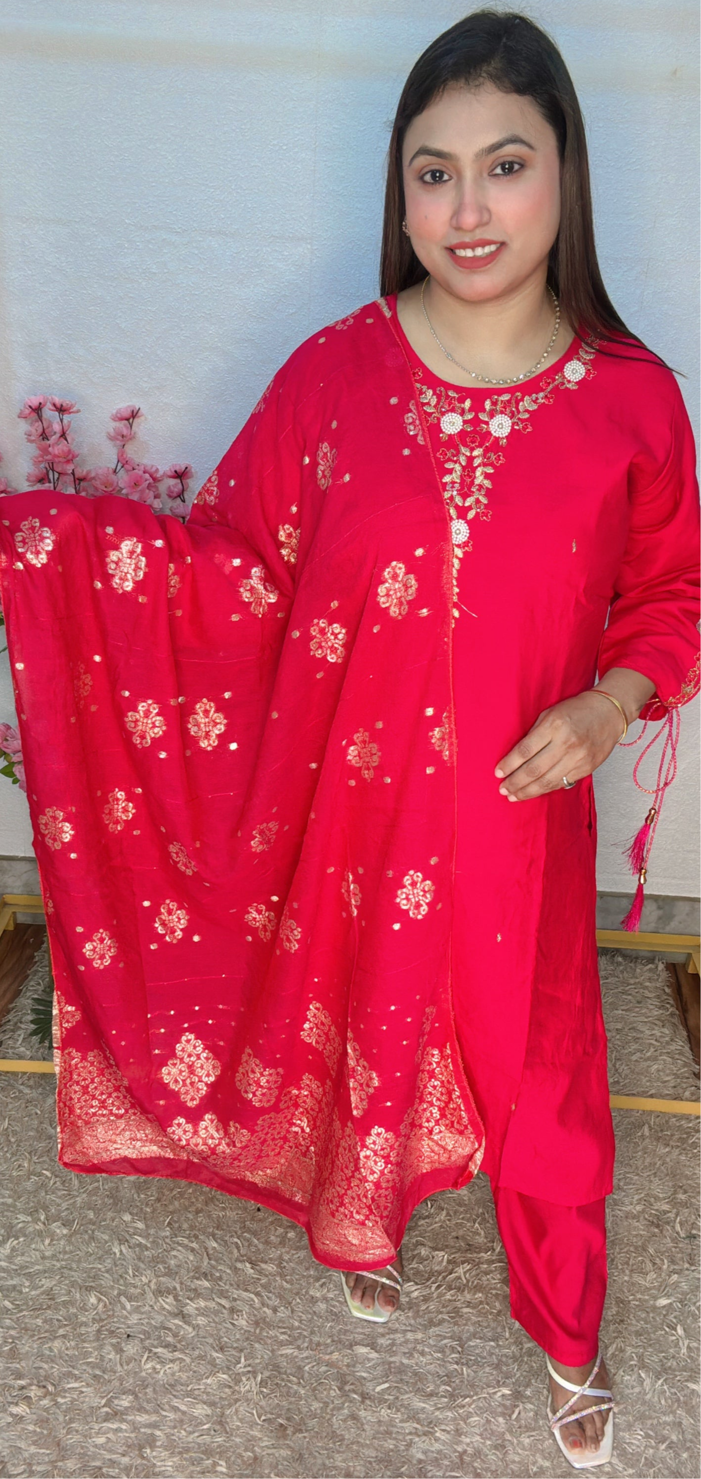 Embroidered Crimson Kurta Set with Banarasi Dupatta