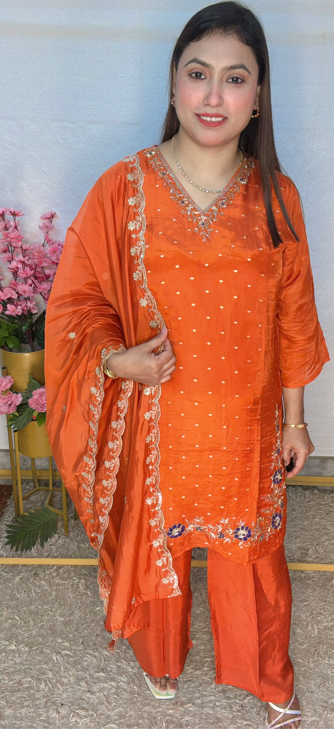 Rust Orange Embroidered Silk Suit Set