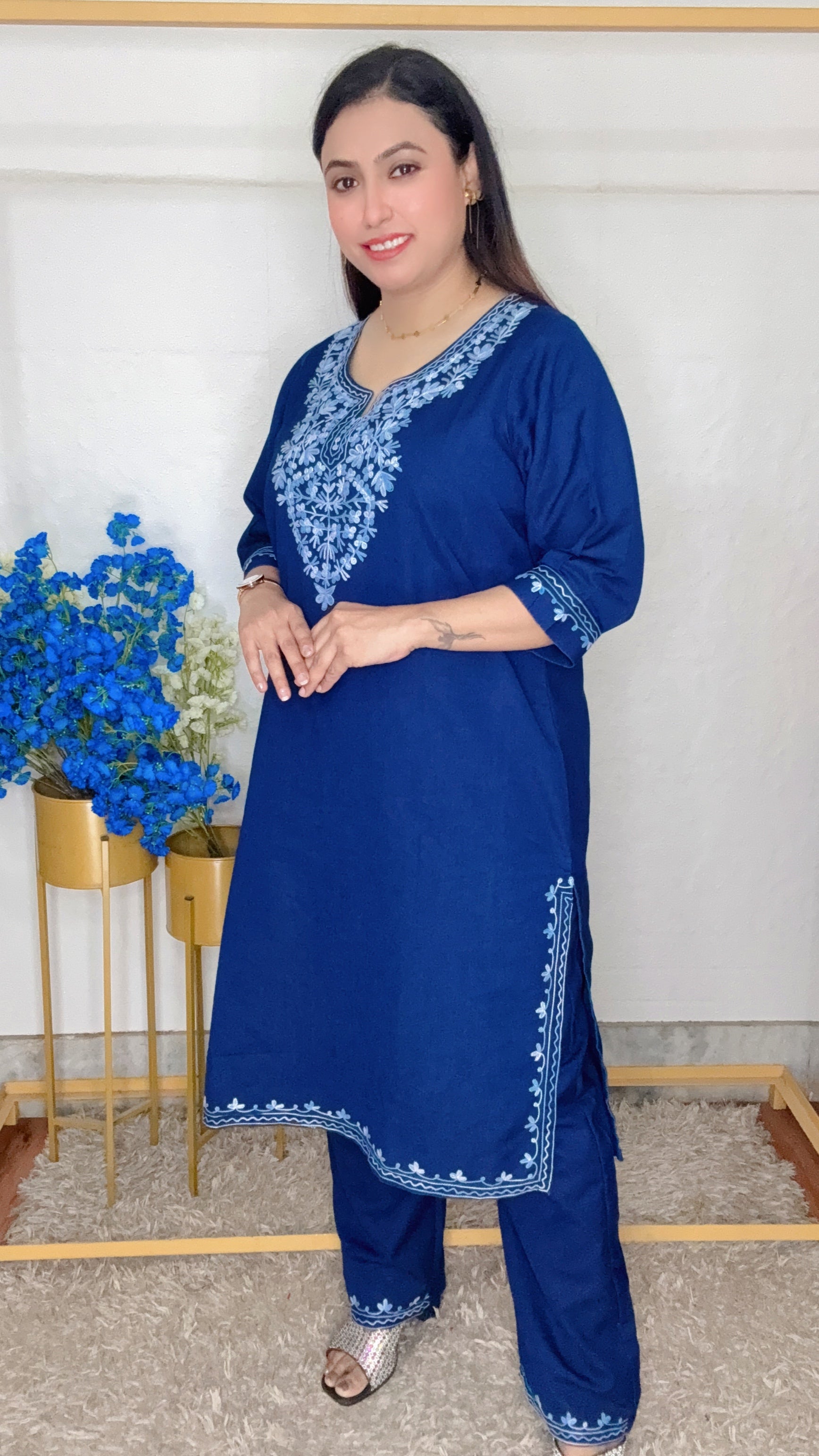 Long Denim Kurti Cord Set Withi White Thread Work