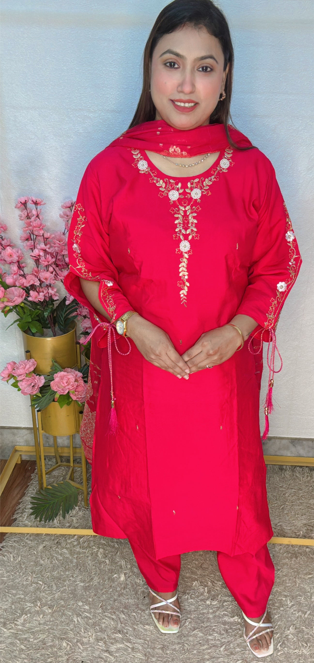 Embroidered Crimson Kurta Set with Banarasi Dupatta