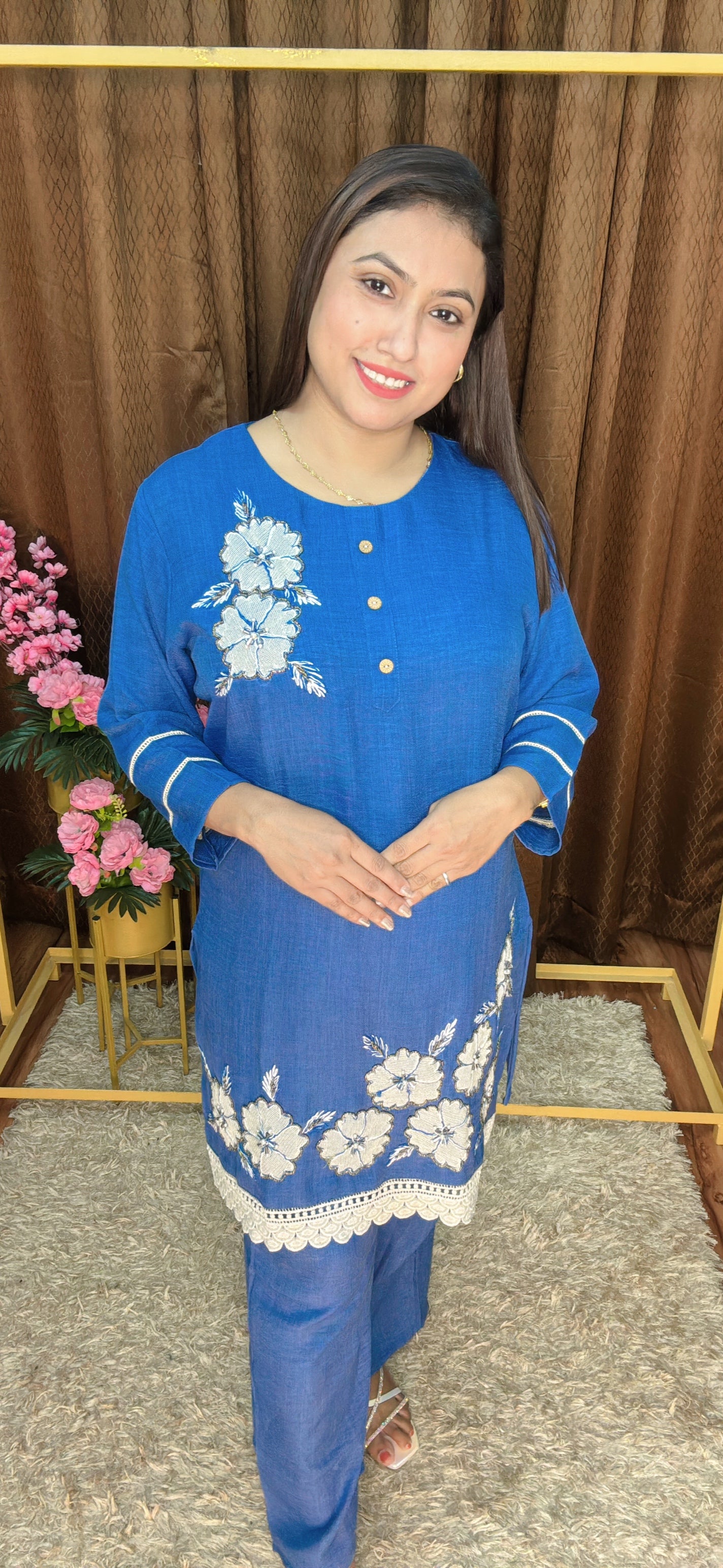 Two Flower Embroidery Khadi Cotton Cord Set