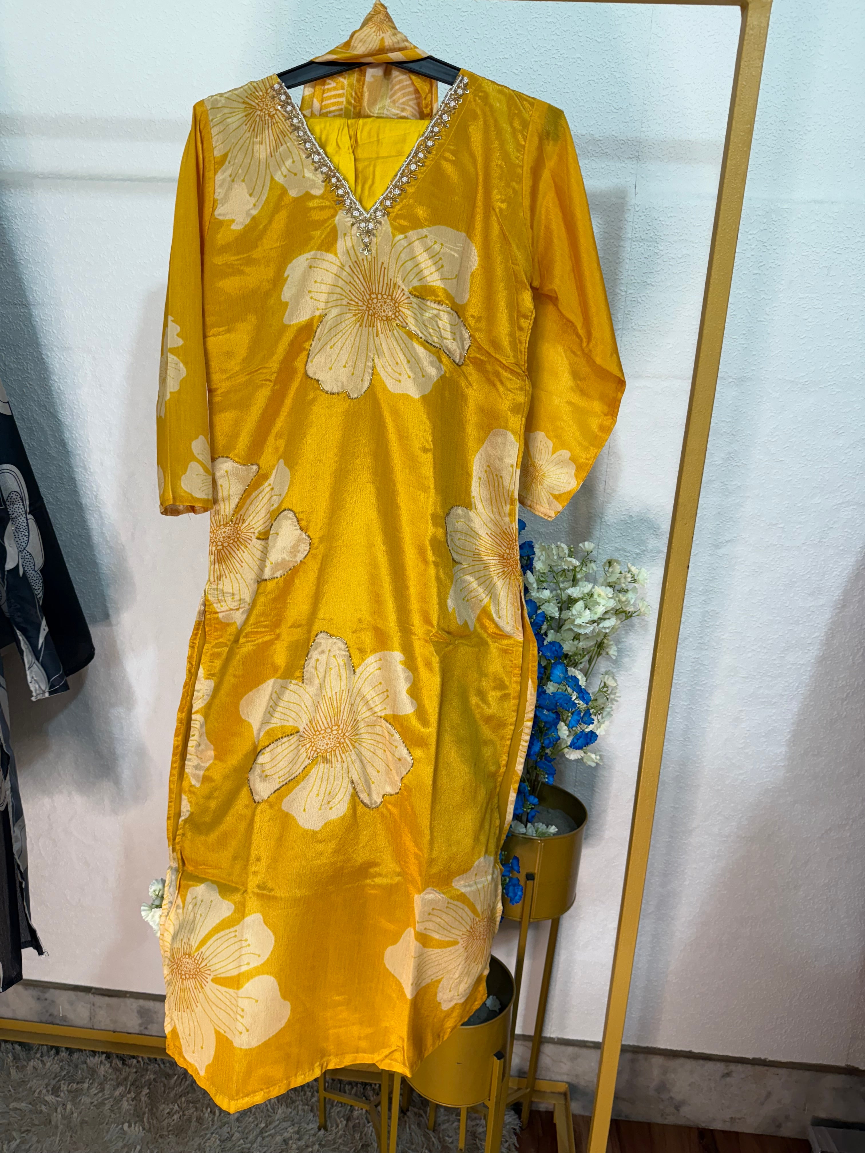 Yellow flower digital print with hand work embroidery