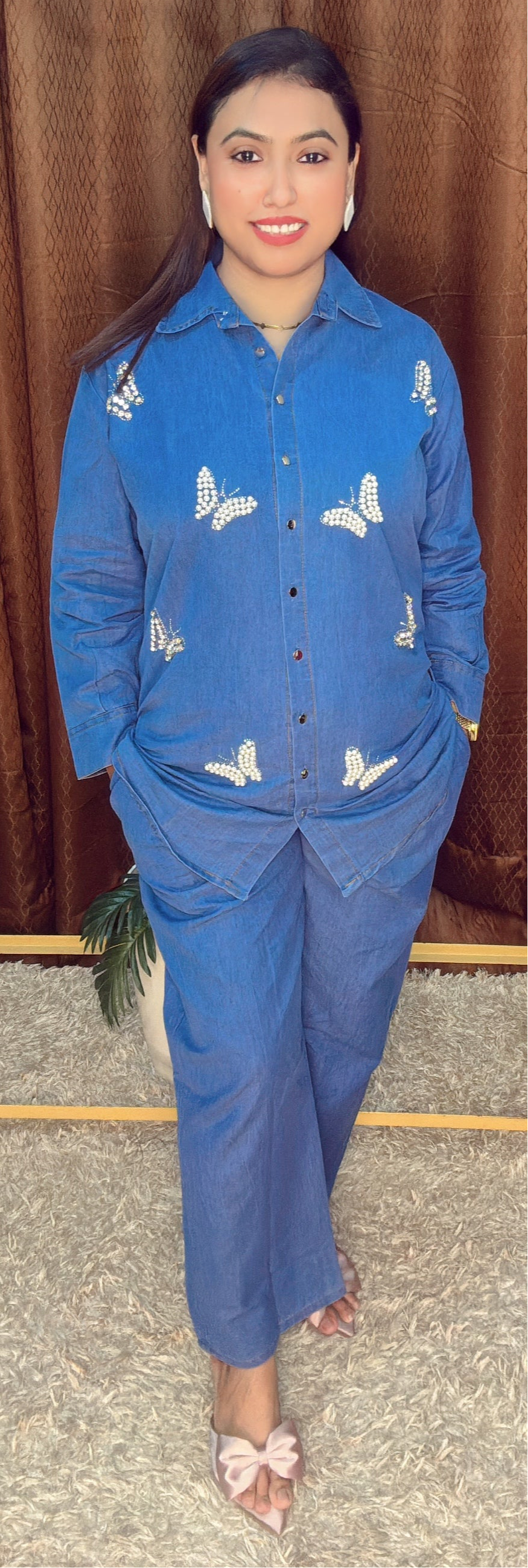 Pearl Butterfly Embellished Denim Co-ord Set