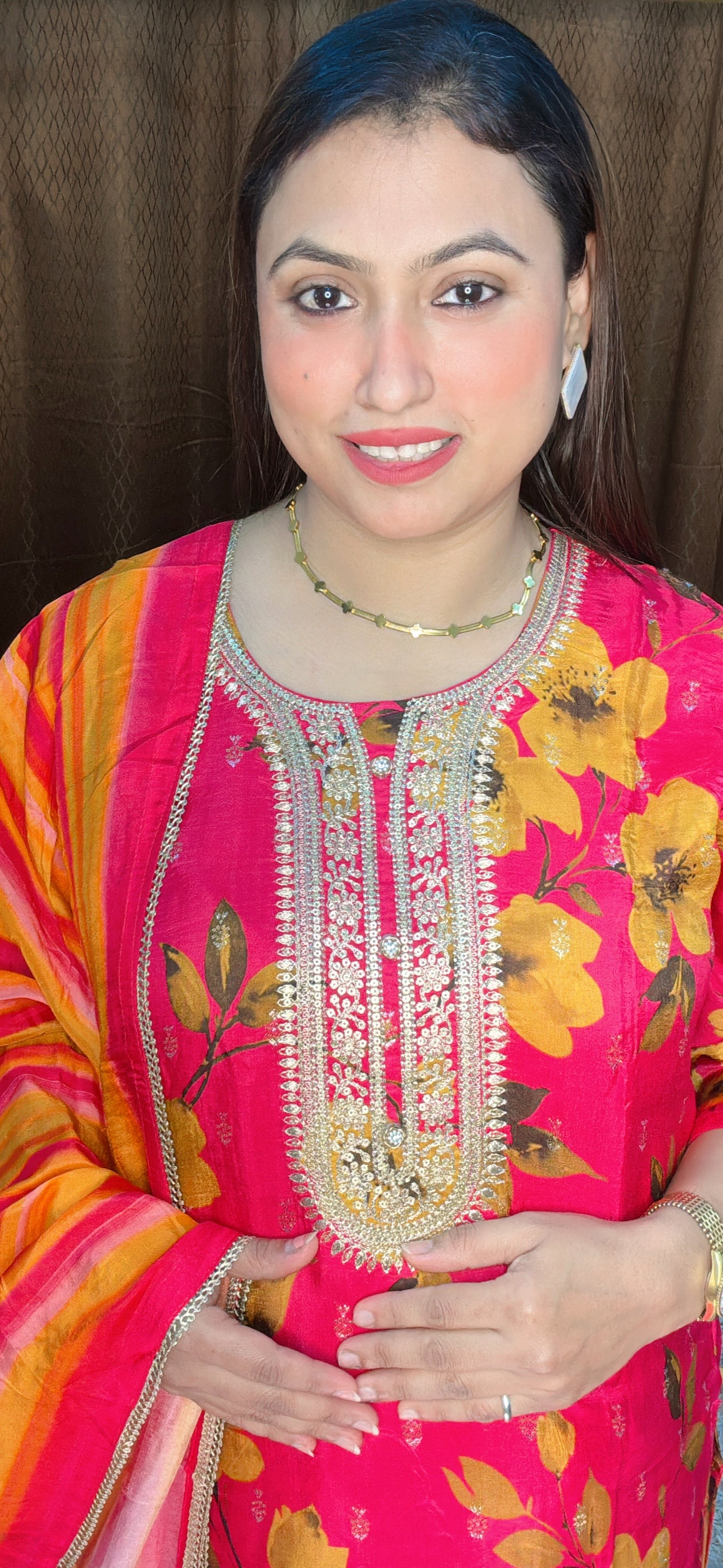 Floral Radiance Pink Cotton Suit Set with Embroidered Neckline & Striped Dupatta