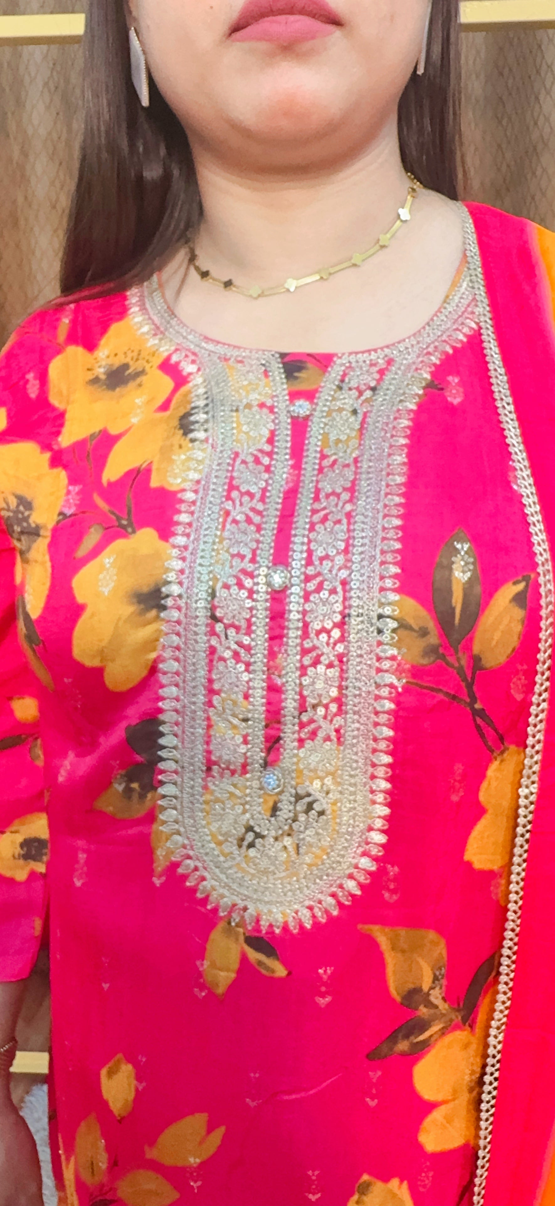 Floral Radiance Pink Cotton Suit Set with Embroidered Neckline & Striped Dupatta