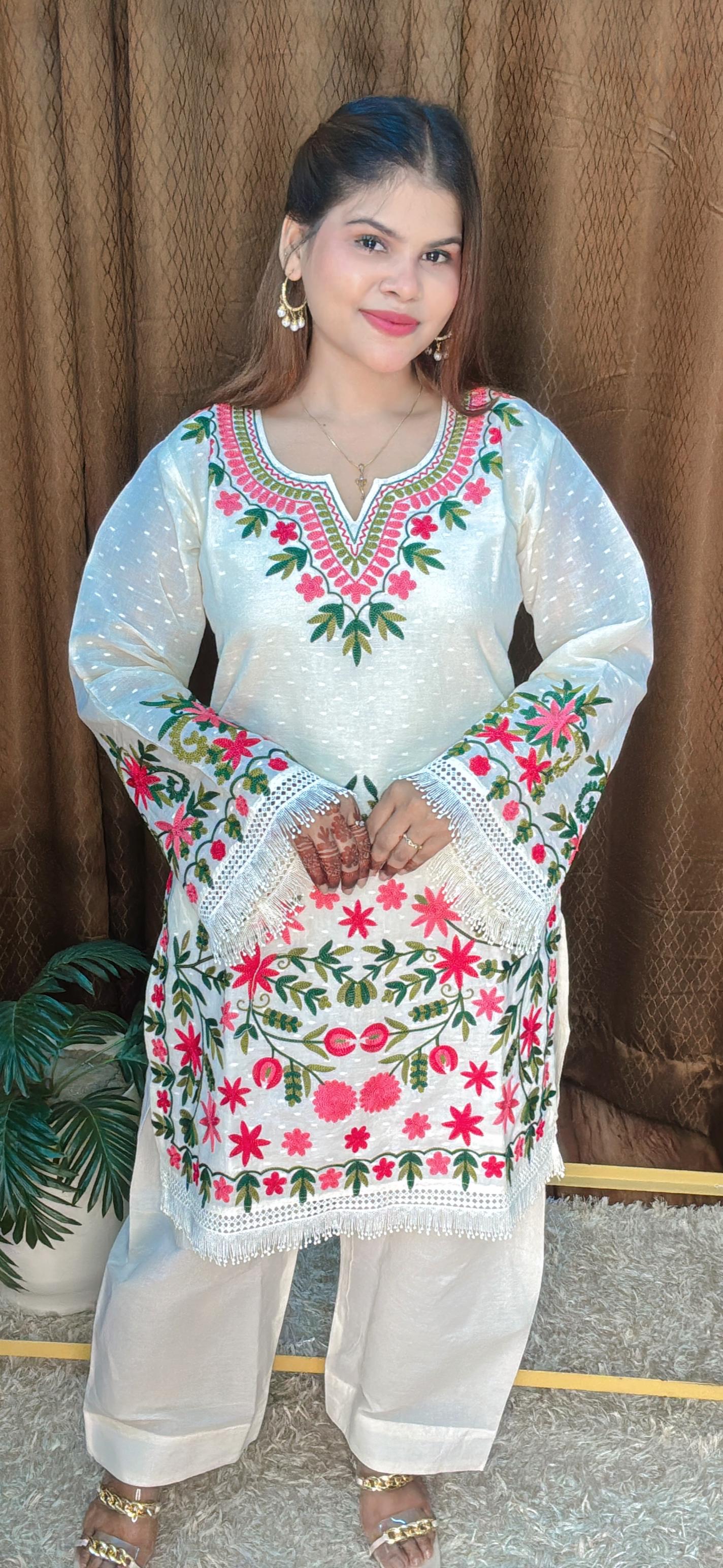 Classy Pink And Green Thread Work Pure Cotton Cord Set With Pakistani Sleeves
