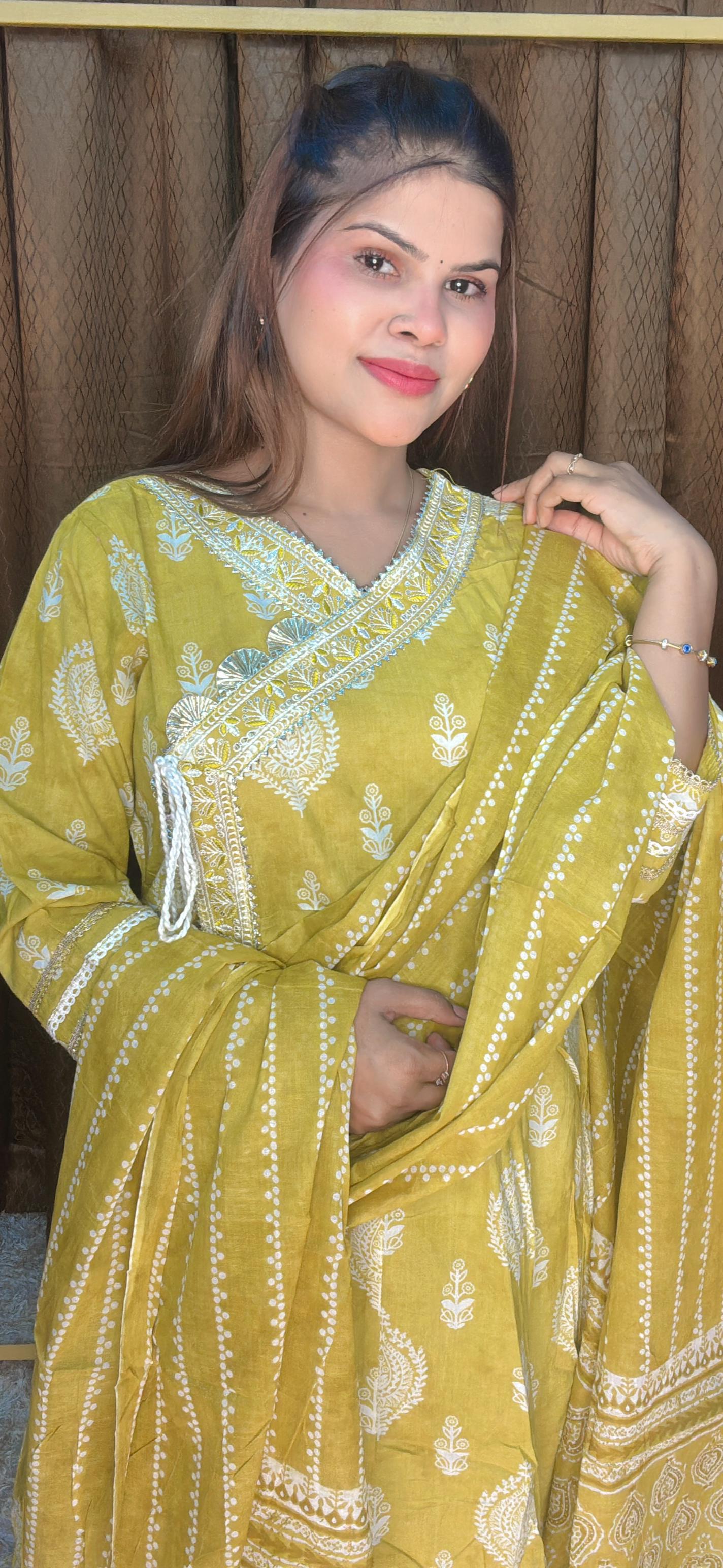 Pure Cotton Angrakha Anarkali Suit Set