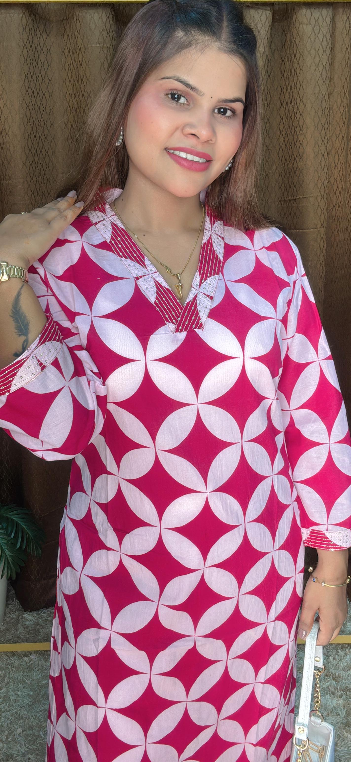 V Neck Polka Digital Print Pure Cotton kurti