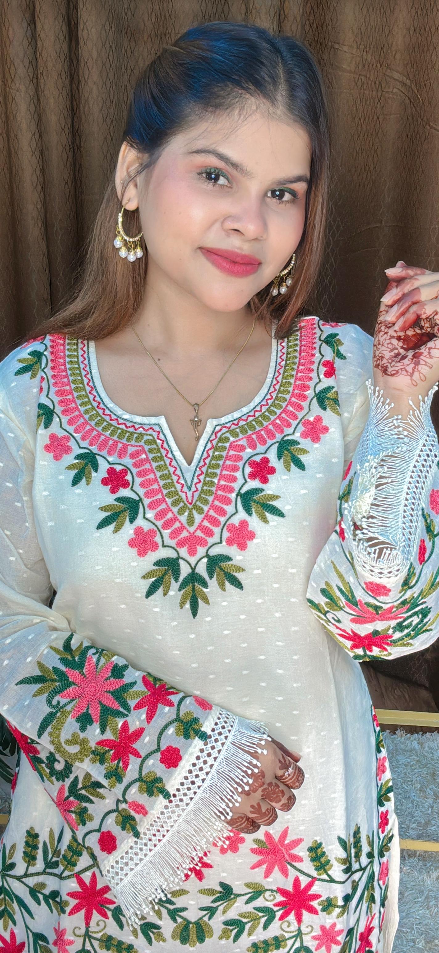 Classy Pink And Green Thread Work Pure Cotton Cord Set With Pakistani Sleeves