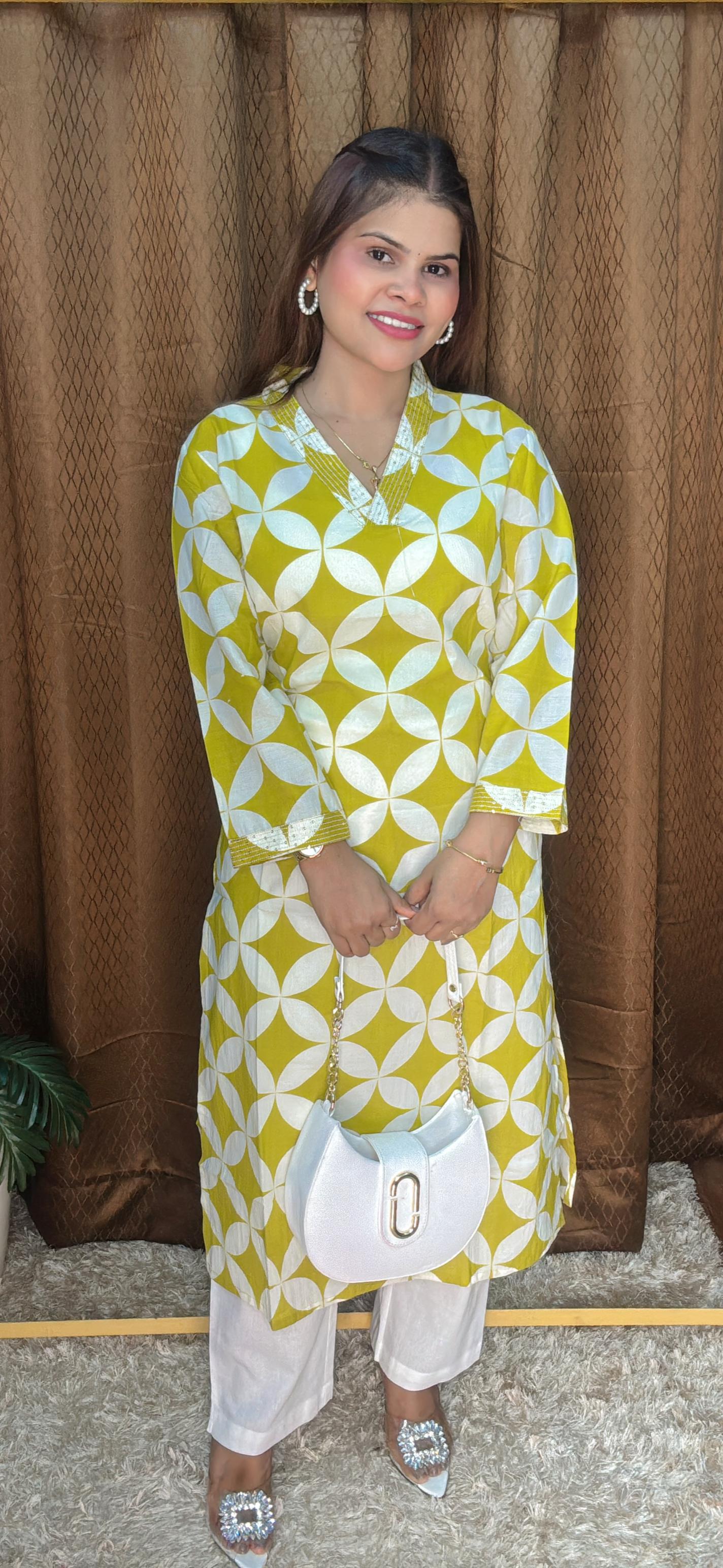 V Neck Polka Digital Print Pure Cotton kurti