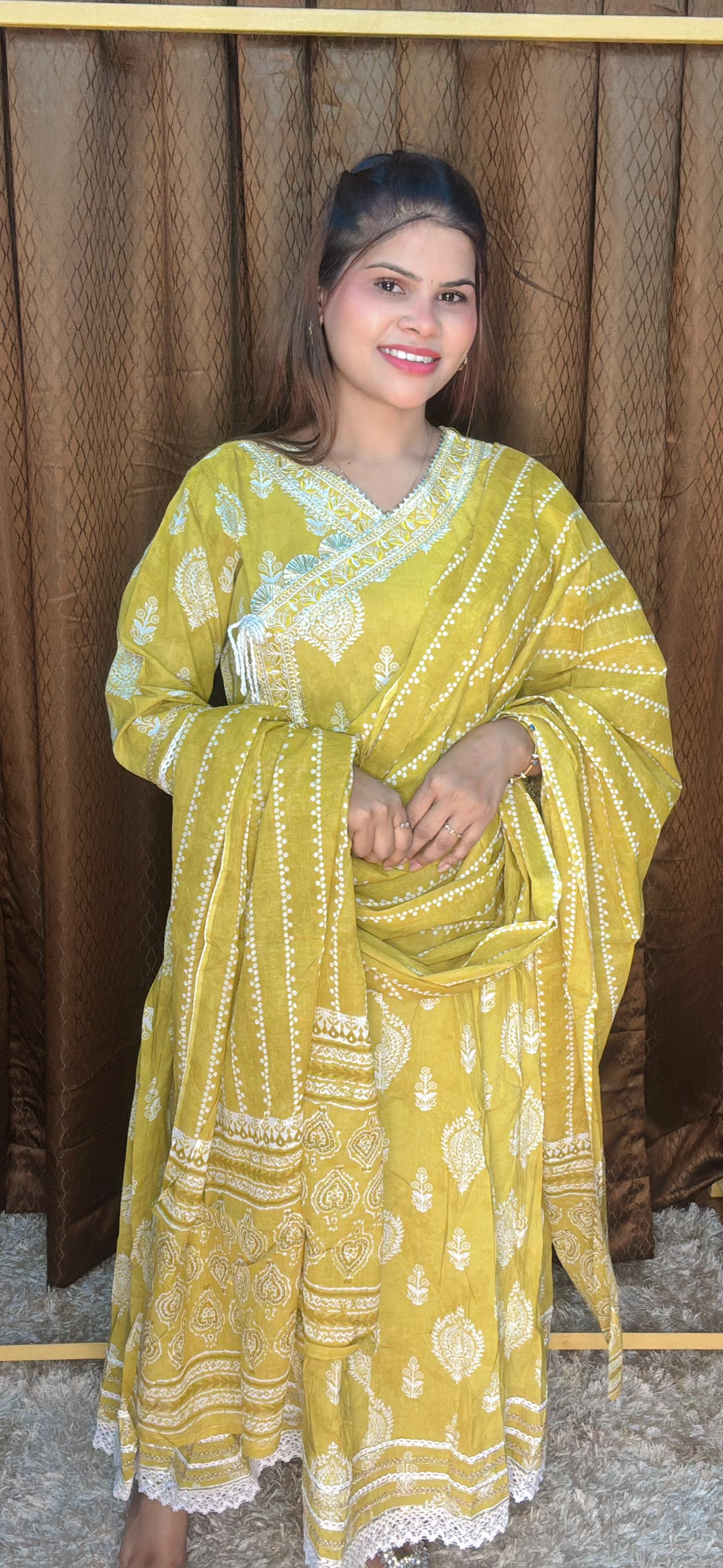Pure Cotton Angrakha Anarkali Suit Set