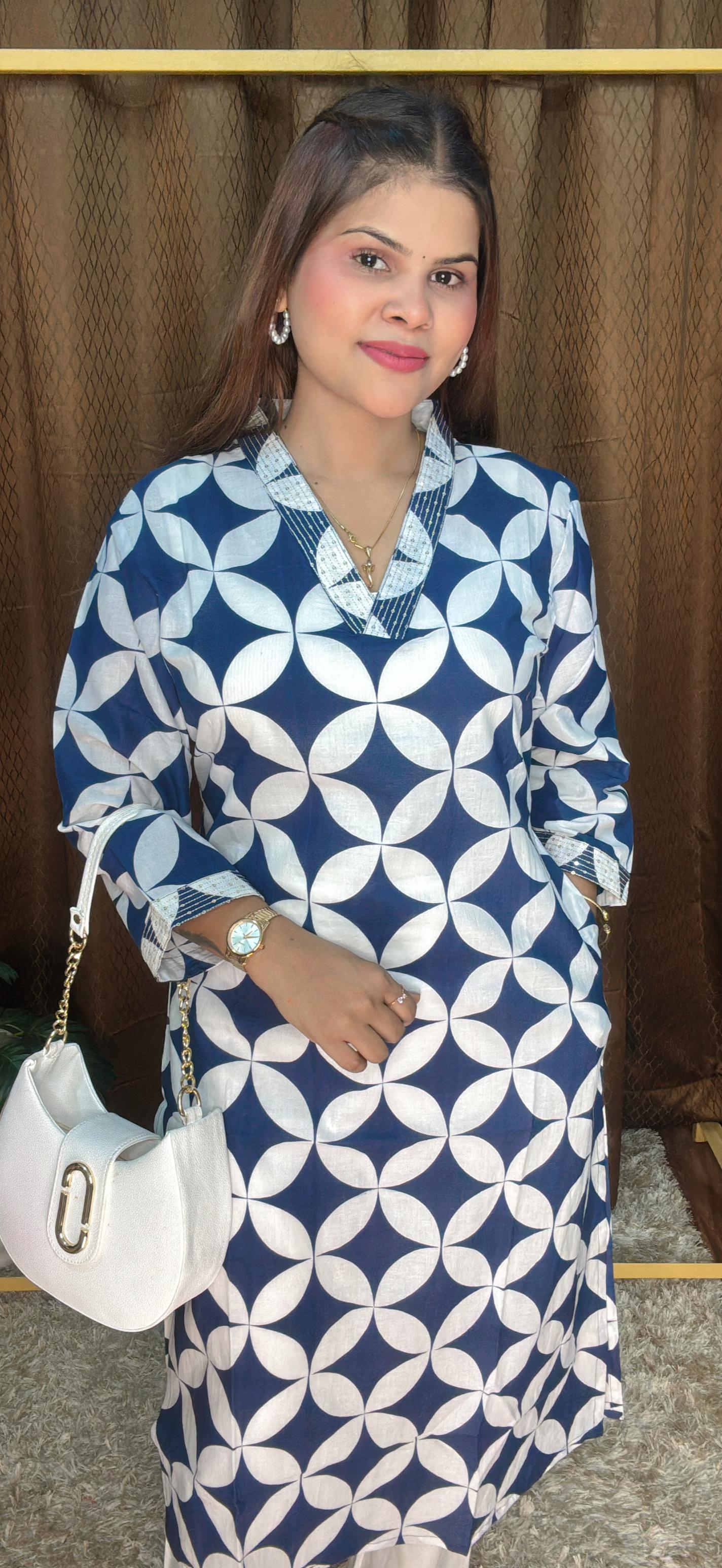 V Neck Polka Digital Print Pure Cotton kurti