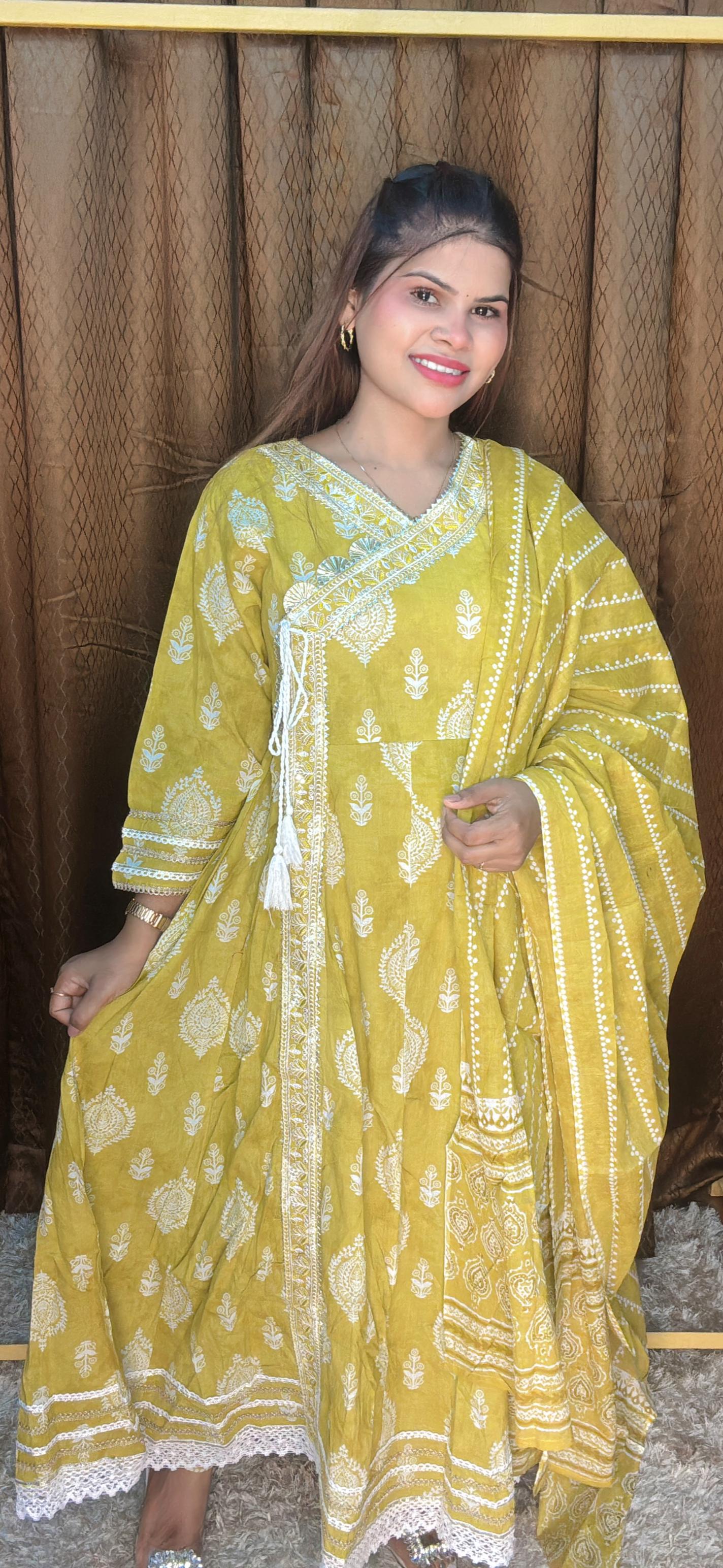 Pure Cotton Angrakha Anarkali Suit Set