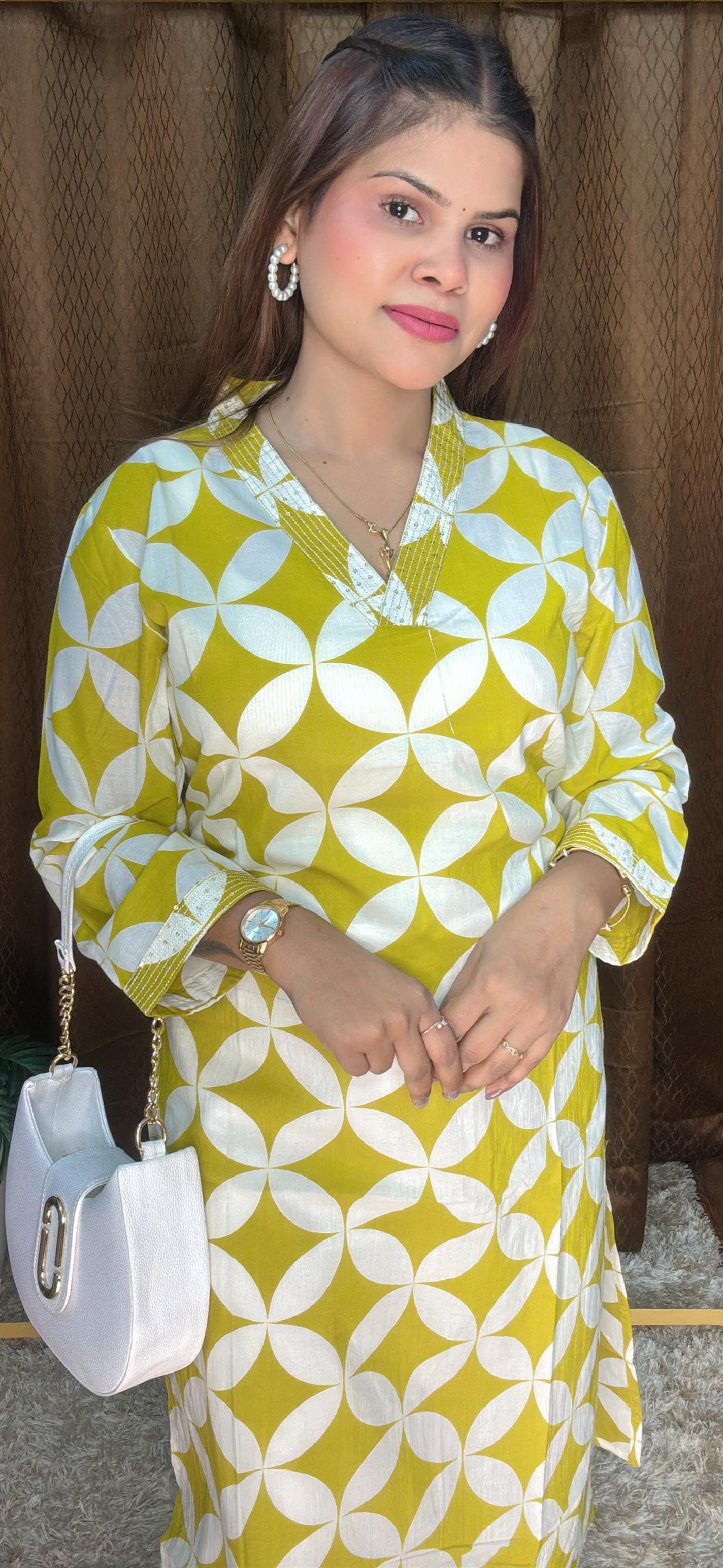V Neck Polka Digital Print Pure Cotton kurti