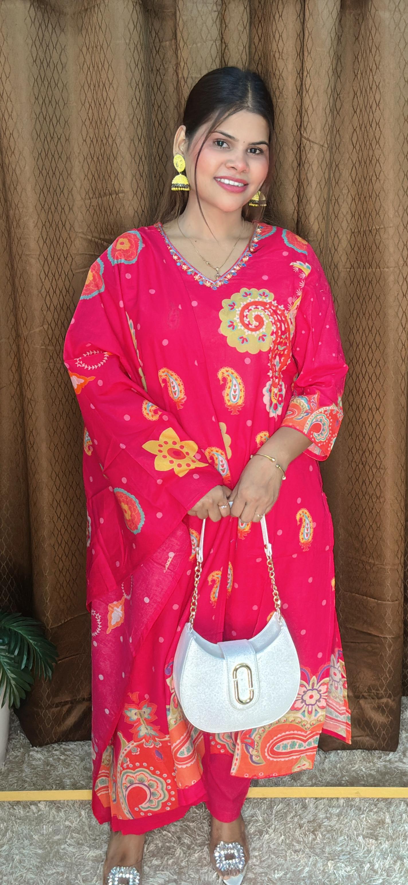 Beautiful Digital Print Pure Cotton Straight Suit Set With Dupatta