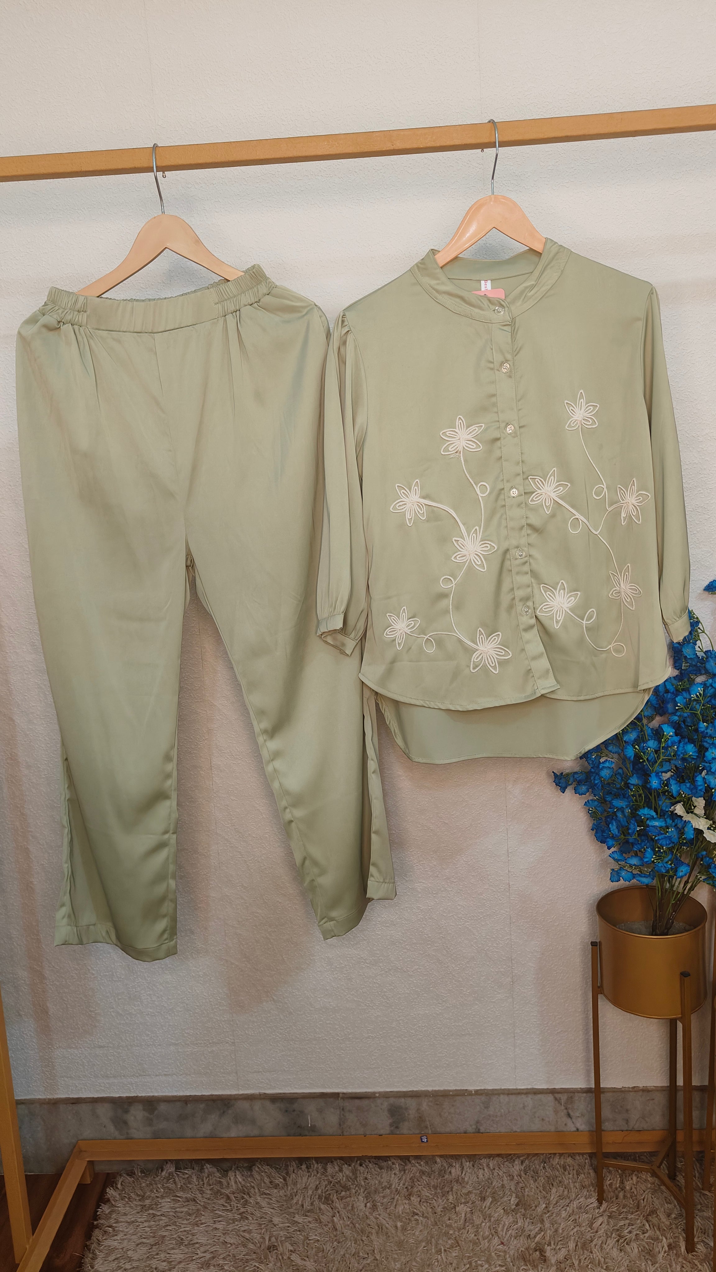 Satin Silk Cord Set With White Thread Work