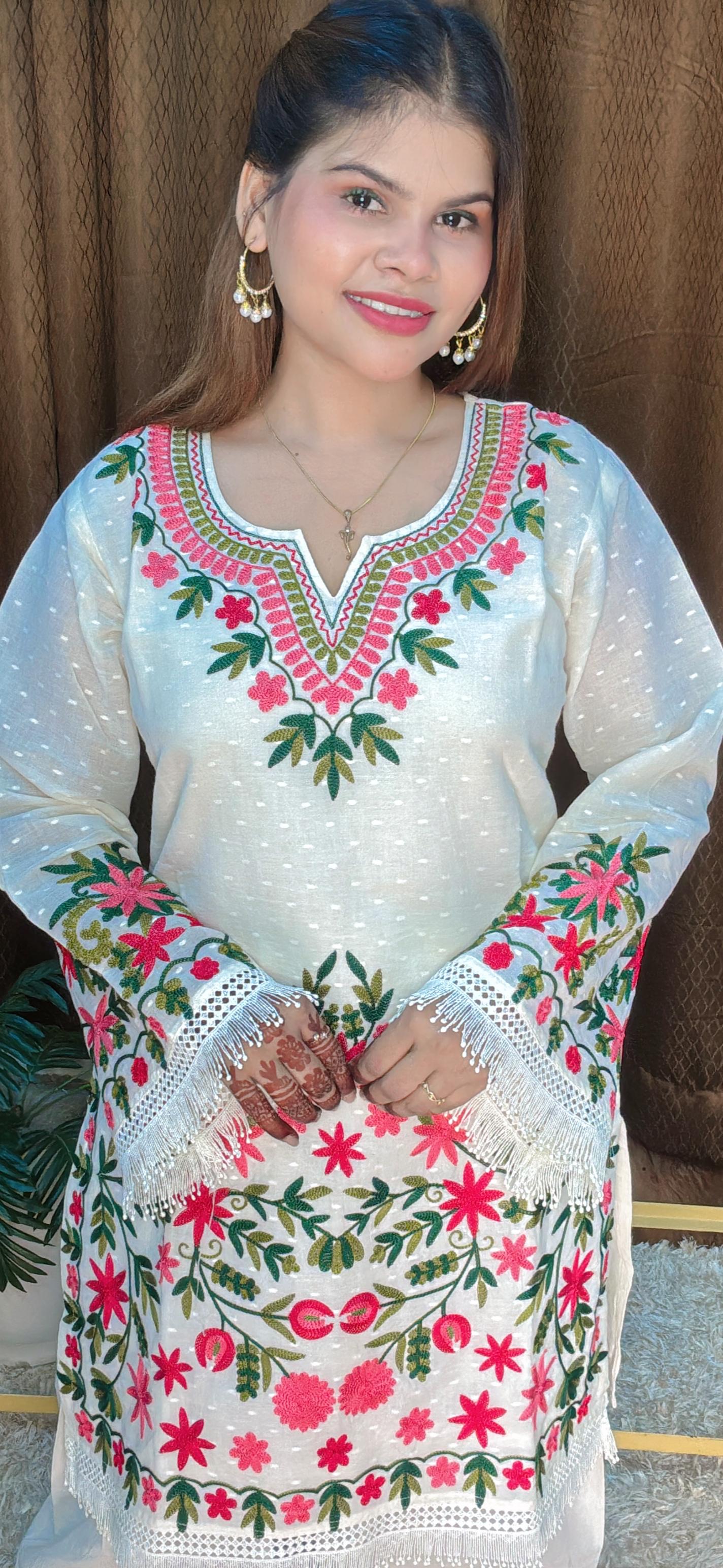 Classy Pink And Green Thread Work Pure Cotton Cord Set With Pakistani Sleeves